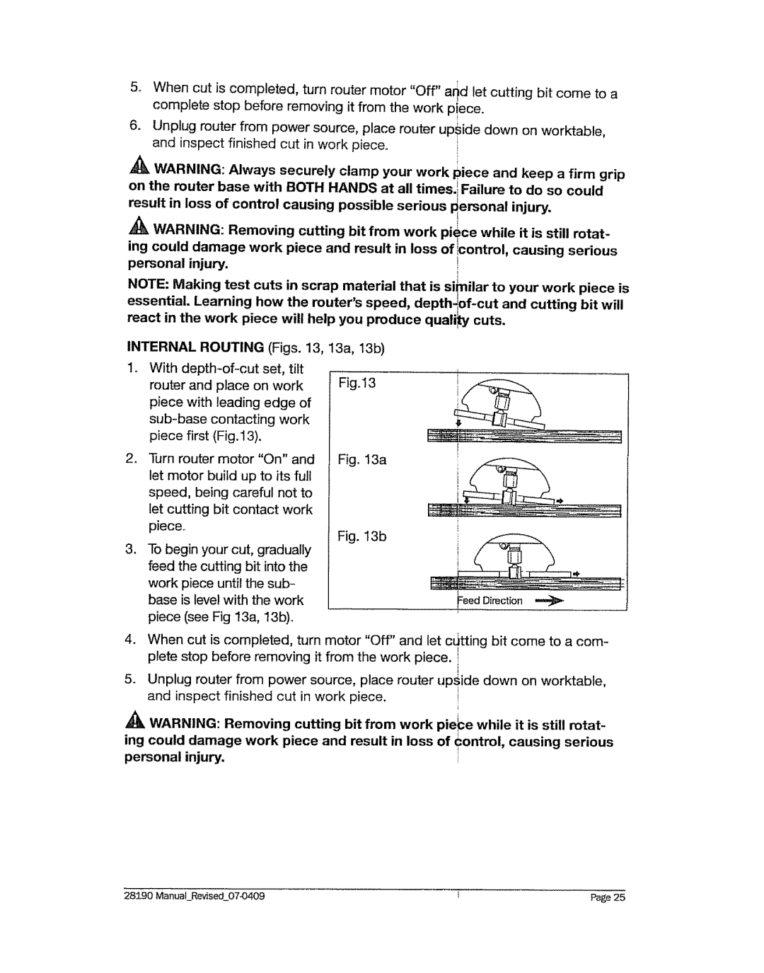 Craftsman 320.2819 operating instructions Both, AkWARNING Removing Cutting Bit from Work, Control Causing, Personal injury 