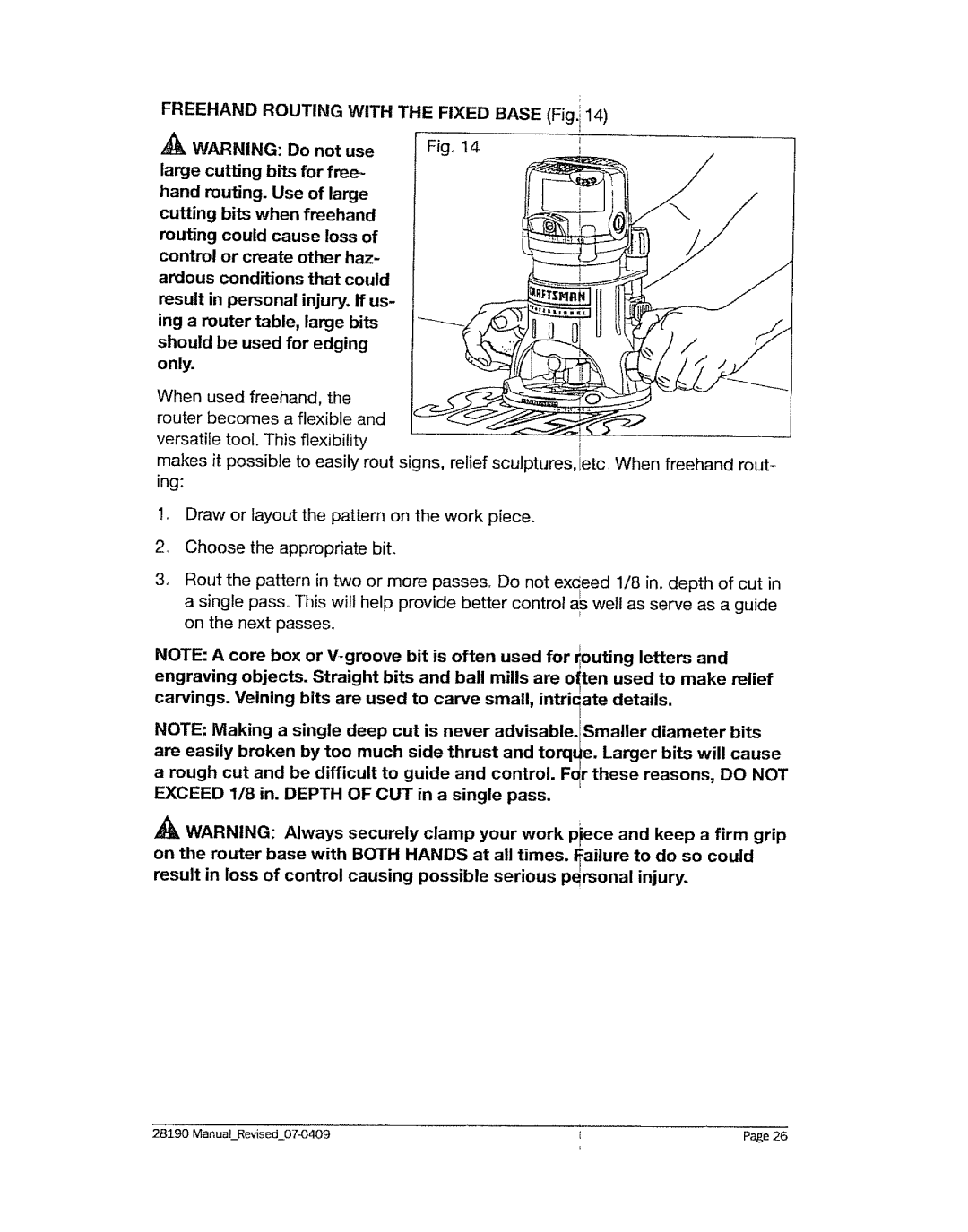 Craftsman 320.2819 operating instructions Freehand Routing with the Fixed Base Fig. i 