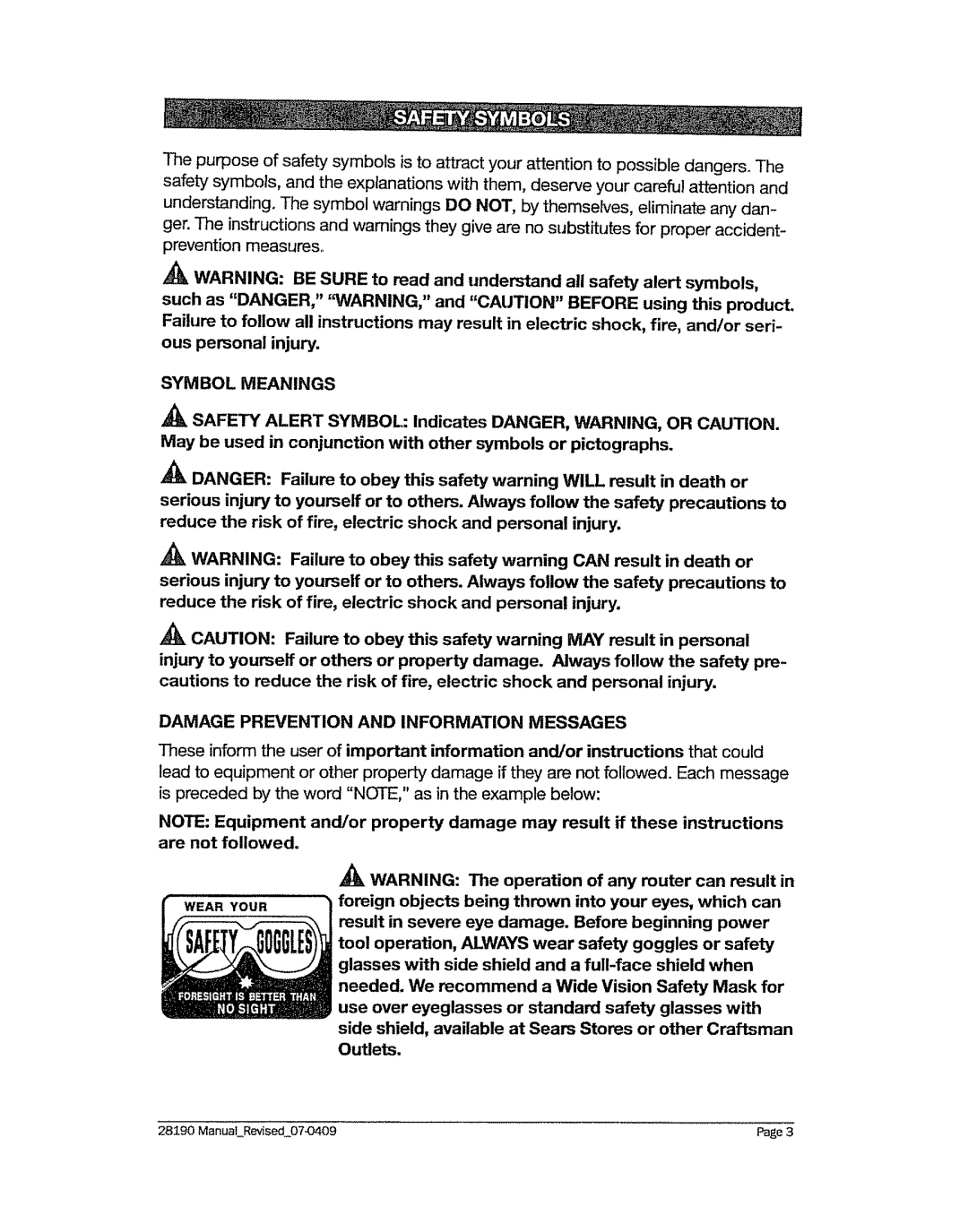 Craftsman 320.2819 operating instructions Symbol Meanings, Damage Prevention and Information Messages 