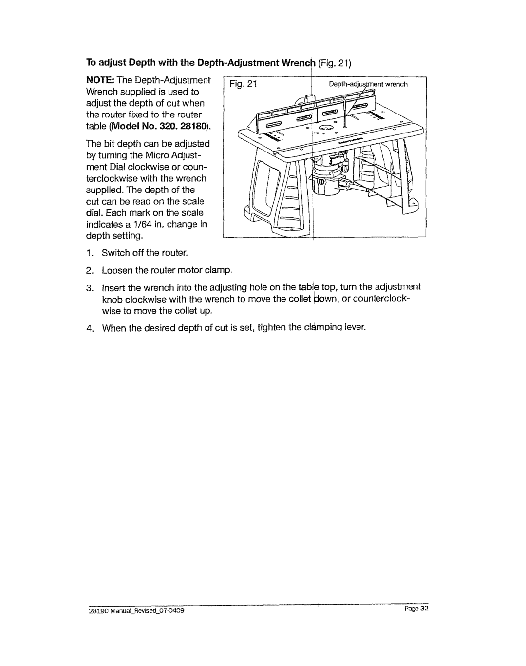 Craftsman 320.2819 operating instructions To adjust Depth with the Depth-Adjustment Wrenc Fig 