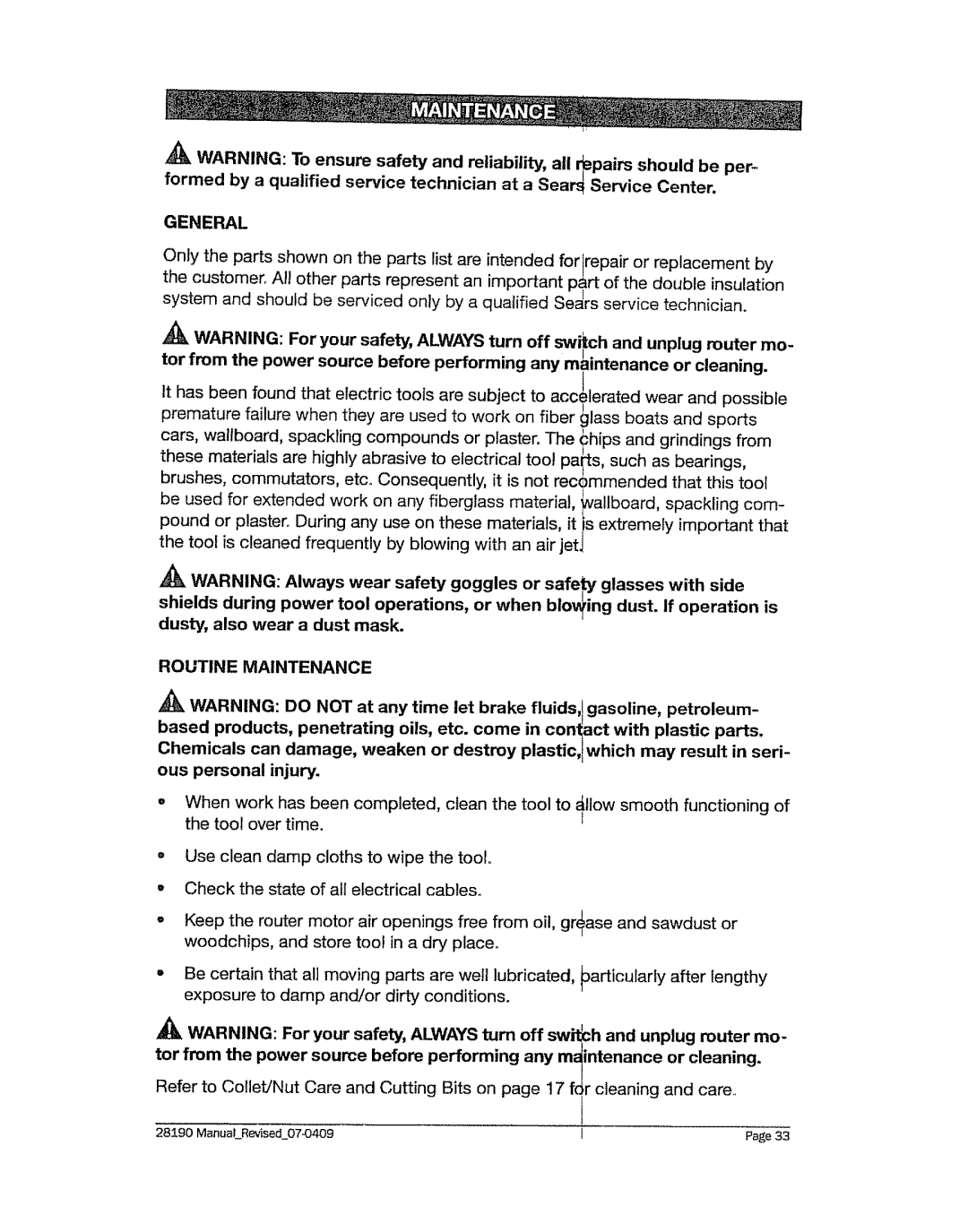 Craftsman 320.2819 operating instructions General, Routine Maintenance 