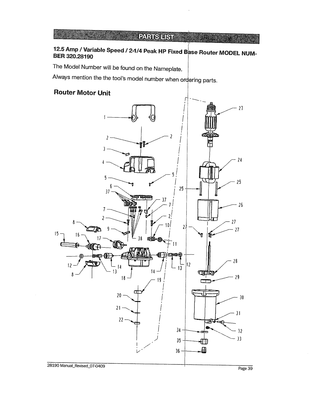 Craftsman 320.2819 operating instructions Router Motor Unit 