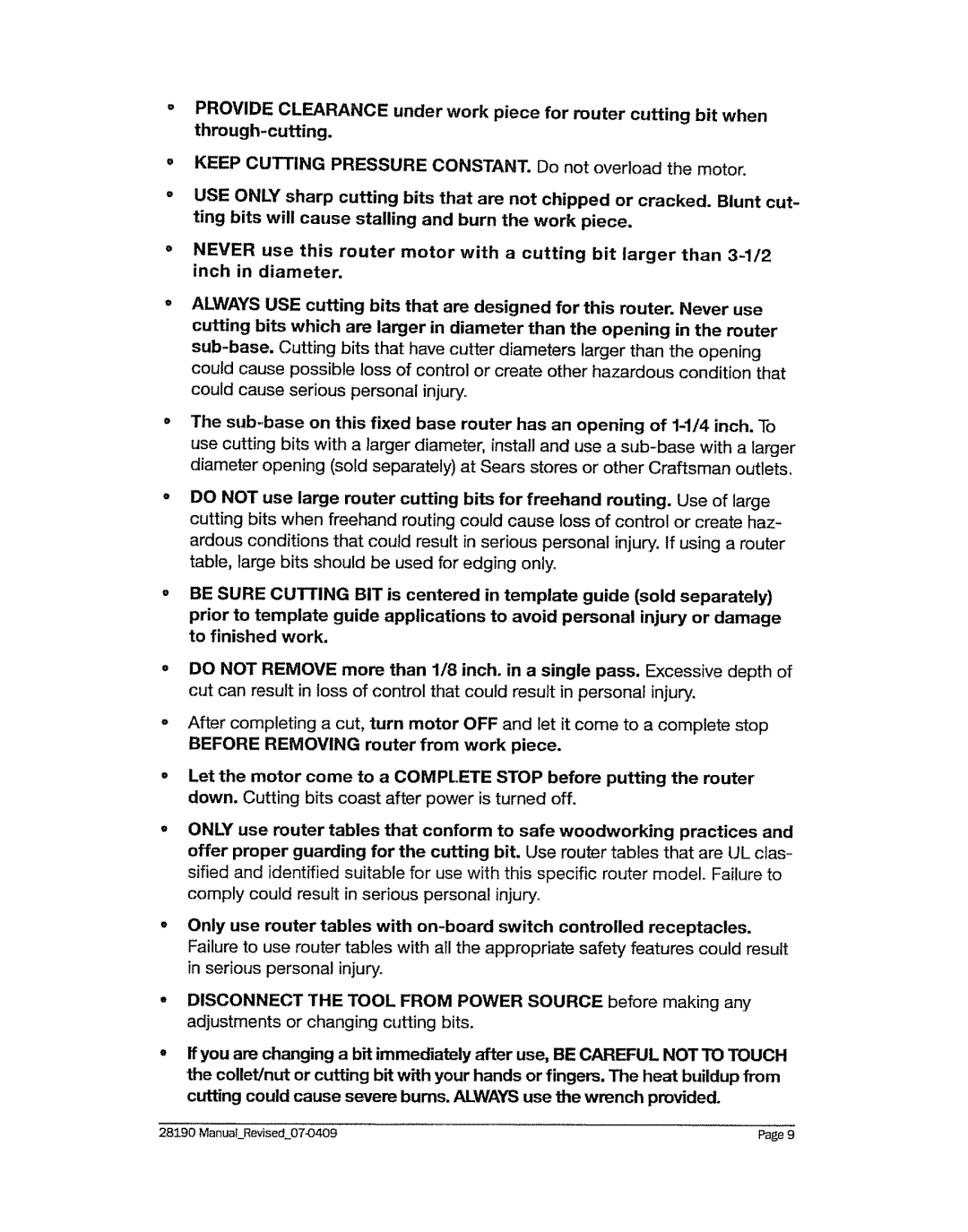 Craftsman 320.2819 operating instructions Table, large bits should be used for edging onlyo 