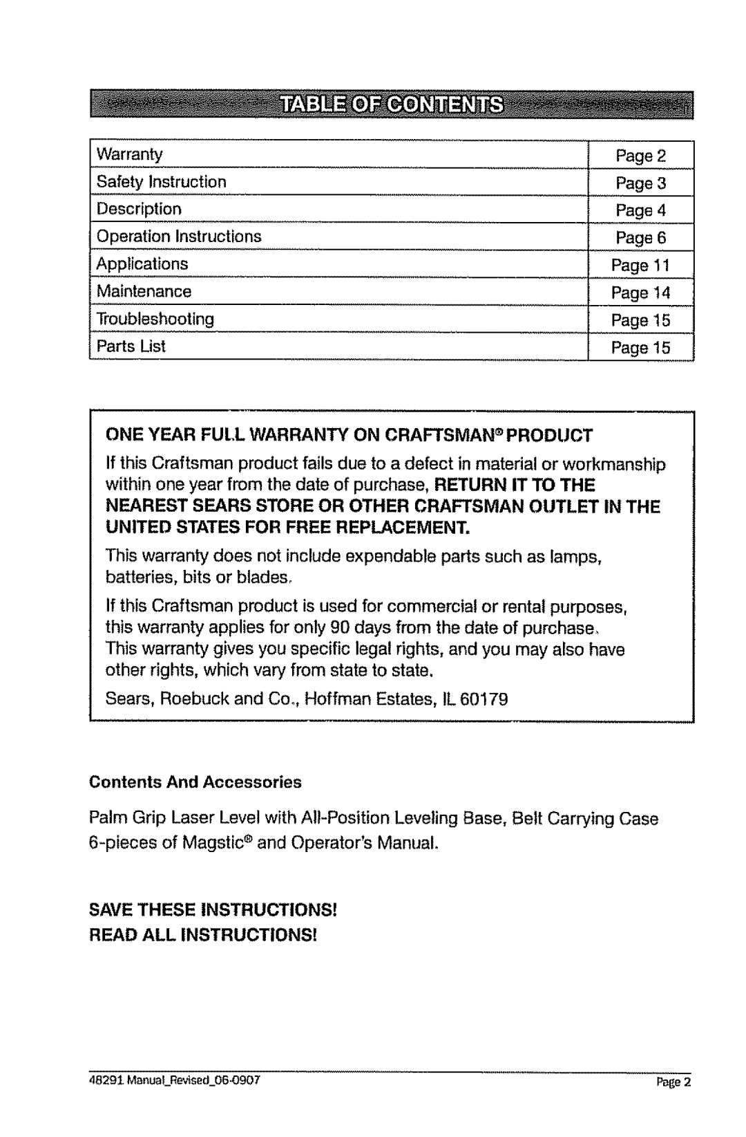 Craftsman 320.48291 owner manual ONE Year FUt.L Warranty on Craftsmanproduct, Contents And Accessories 