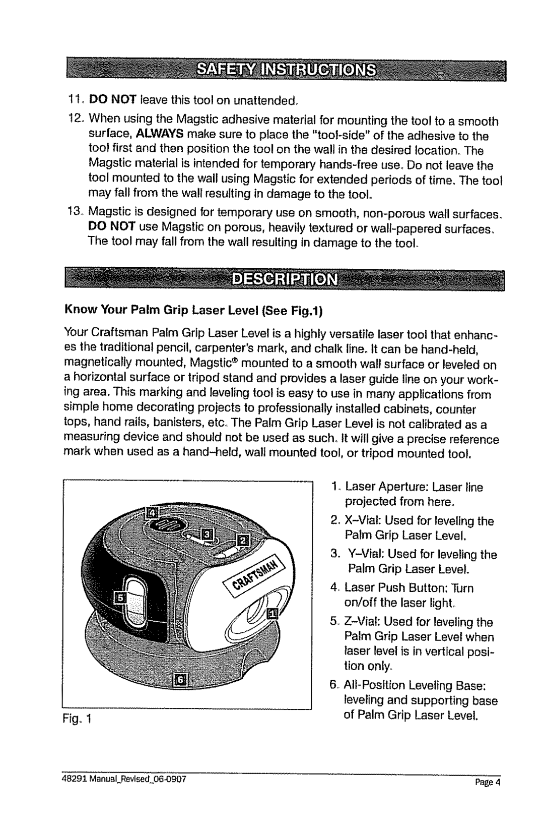 Craftsman 320.48291 owner manual Know Your Palm Grip Laser Level See Fig,l 