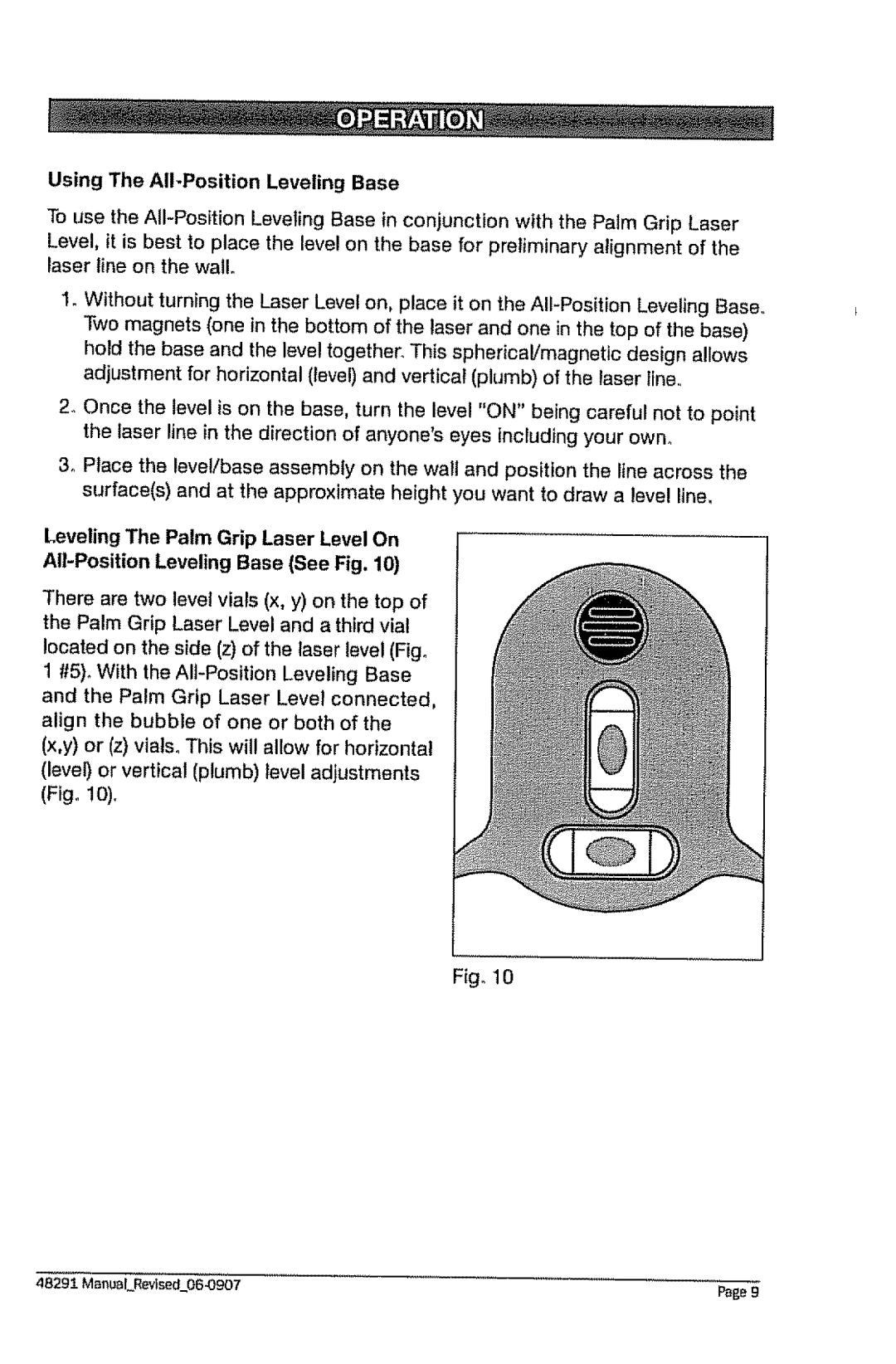 Craftsman 320.48291 owner manual Using The All-Position Leveling Base 