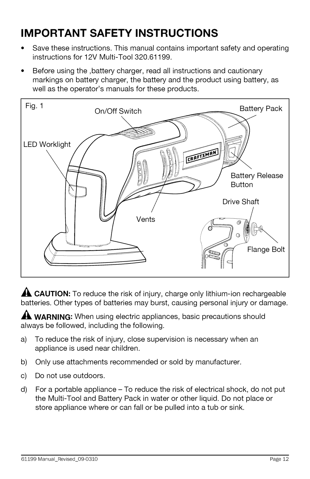 Craftsman 320.61199 warranty IM Portant Safety Instructions 