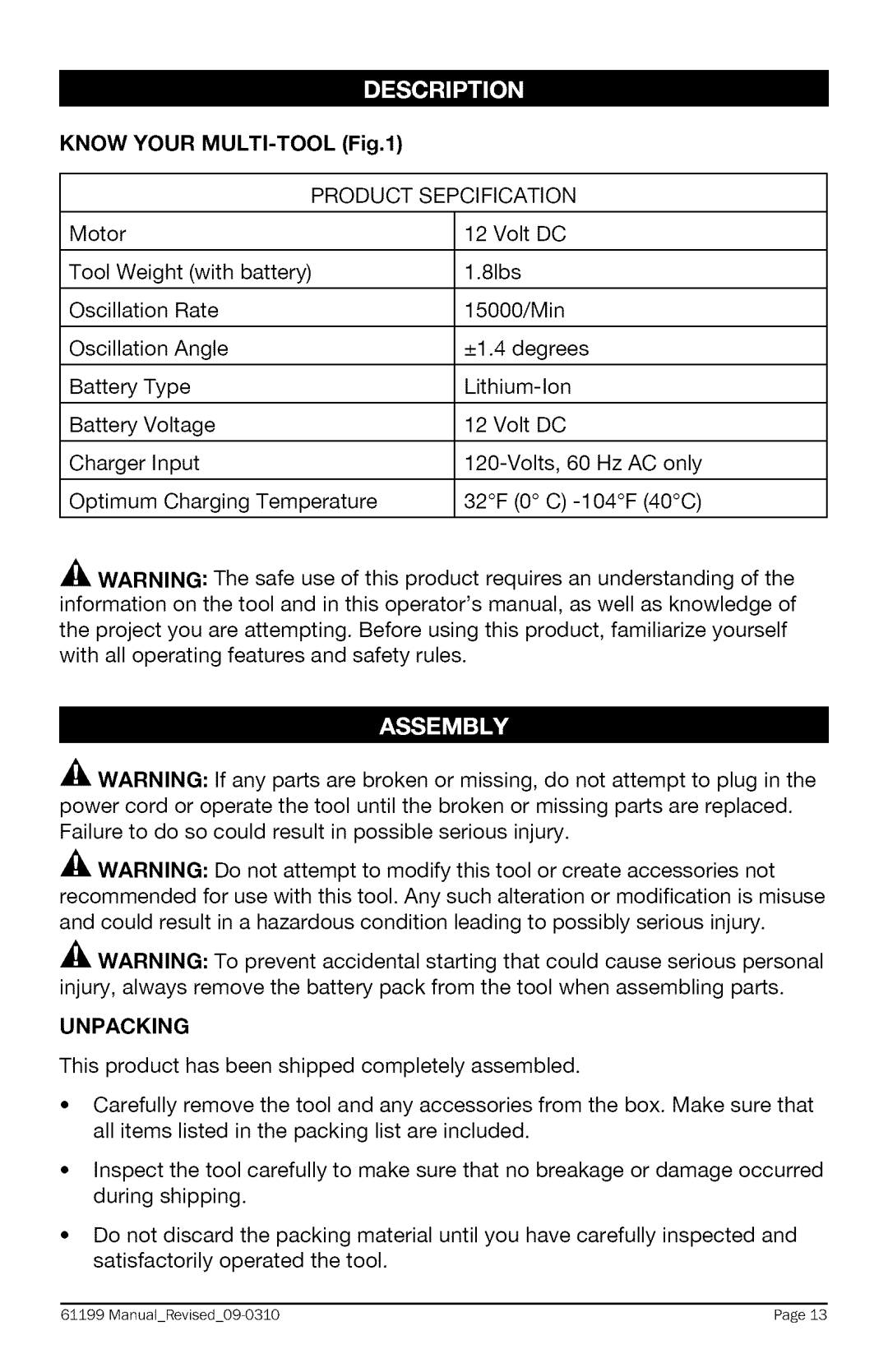 Craftsman 320.61199 warranty Know Your MULTI-TOOL Fig.l, Unpacking 