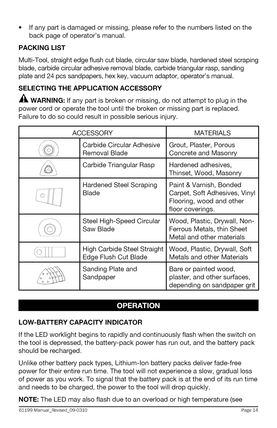 Craftsman 320.61199 warranty Packing List, LOW-BATTERY Capacity Indicator, Selecting the Application Accessory 