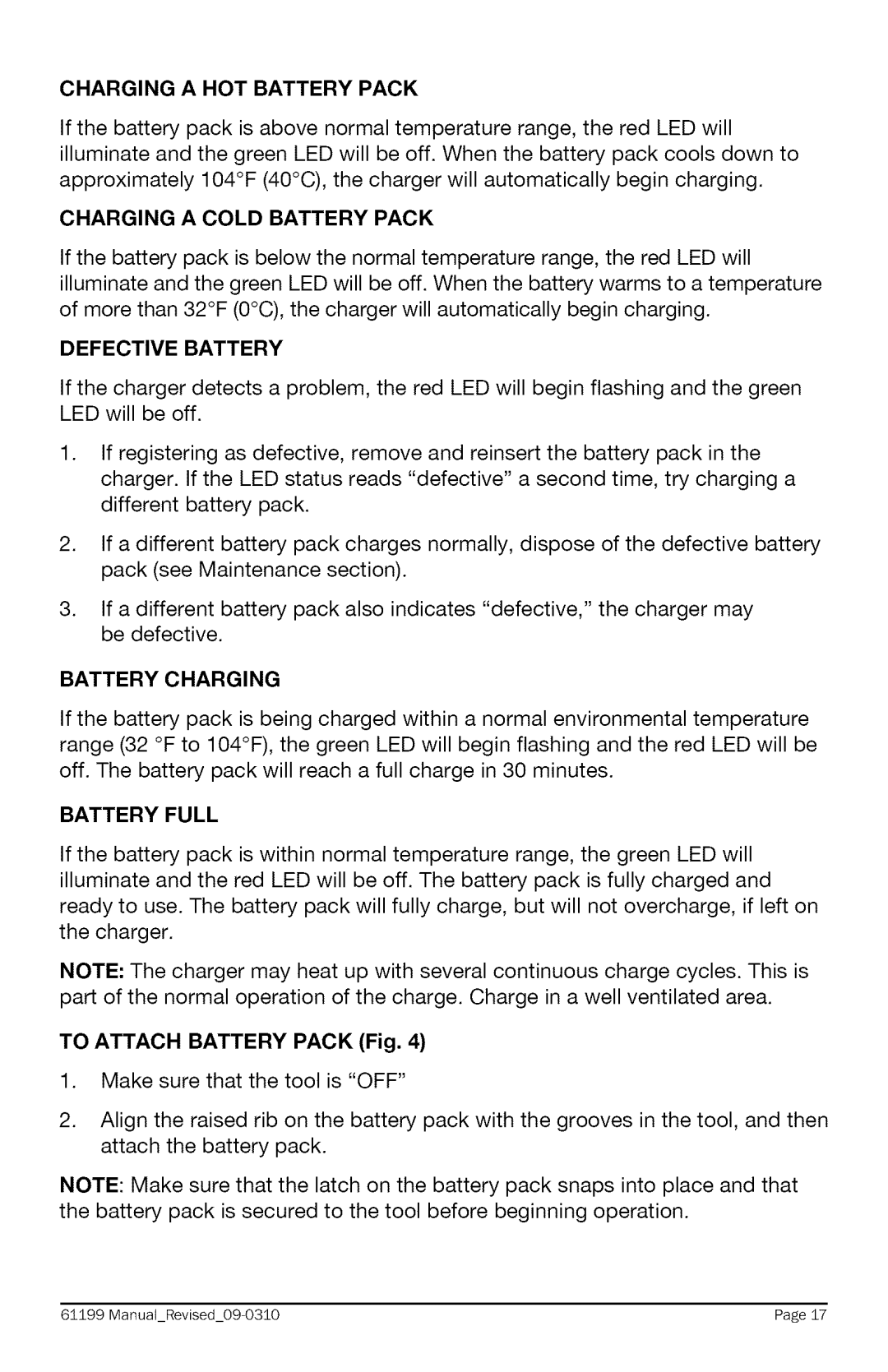 Craftsman 320.61199 warranty Charging a HOT Battery Pack, Charging a Cold Battery Pack, Defective Battery, Battery Charging 