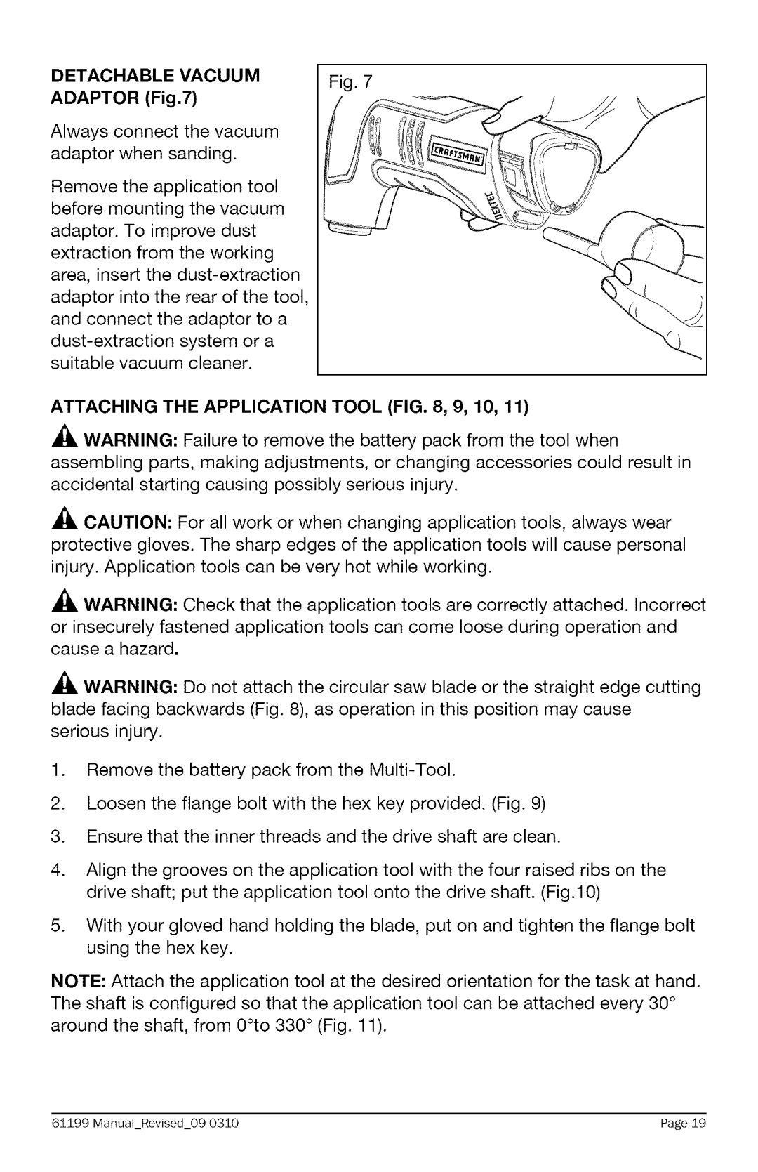 Craftsman 320.61199 warranty Detachable Vacuum, Adaptor, Attaching the Application Tool , 9, 10 