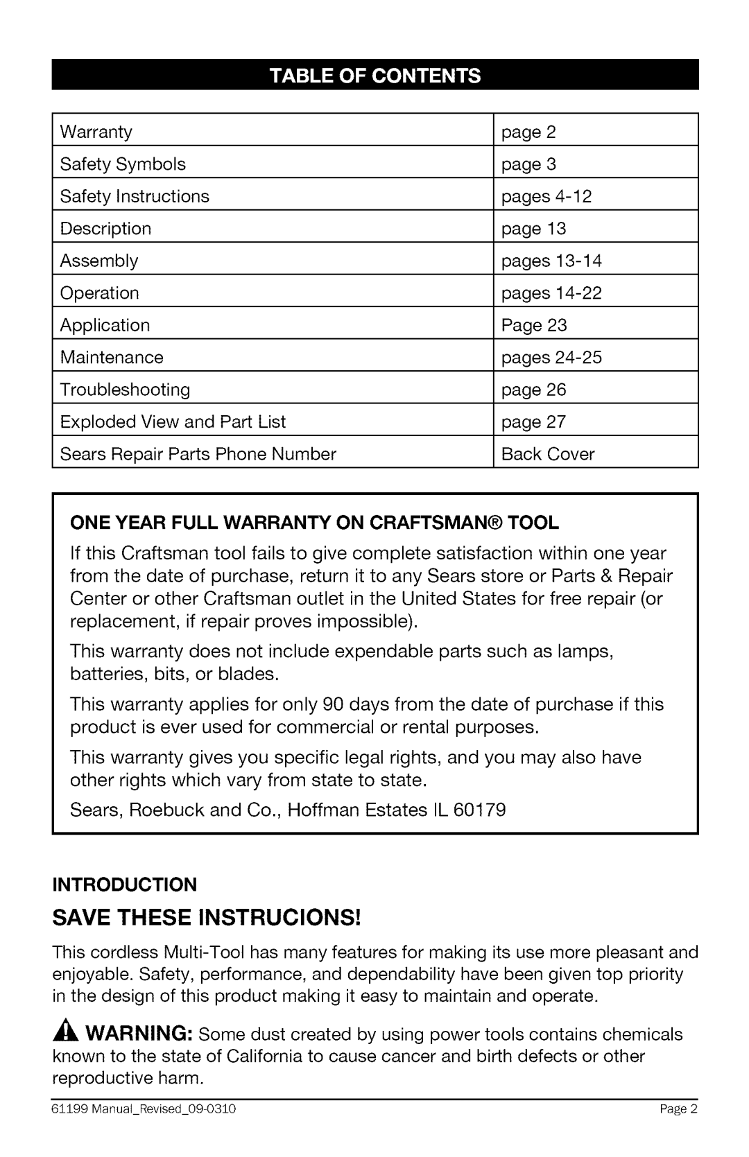 Craftsman 320.61199 warranty ONE Year Full Warranty on Craftsman Tool, Introduction 