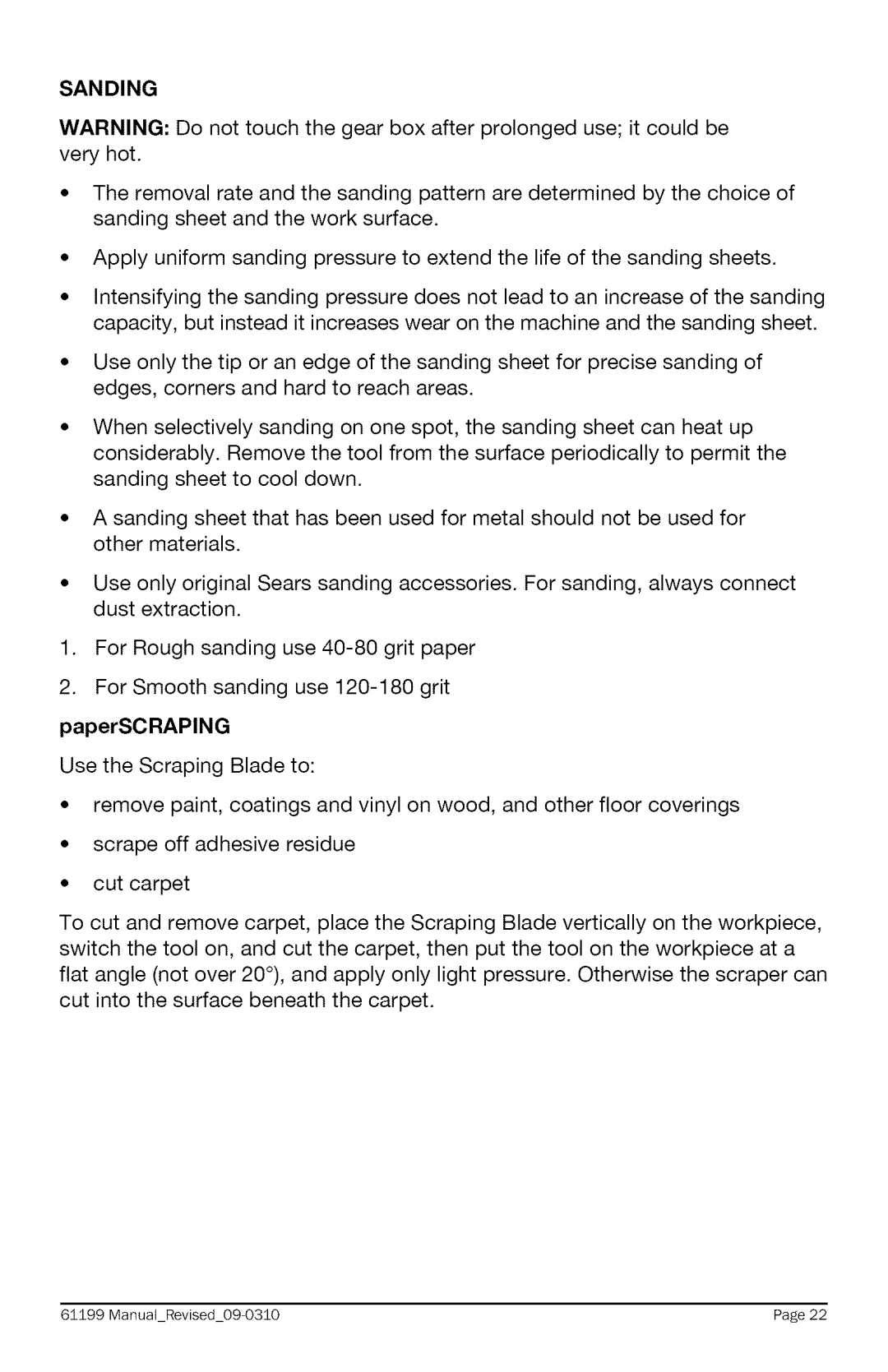 Craftsman 320.61199 warranty Sanding 