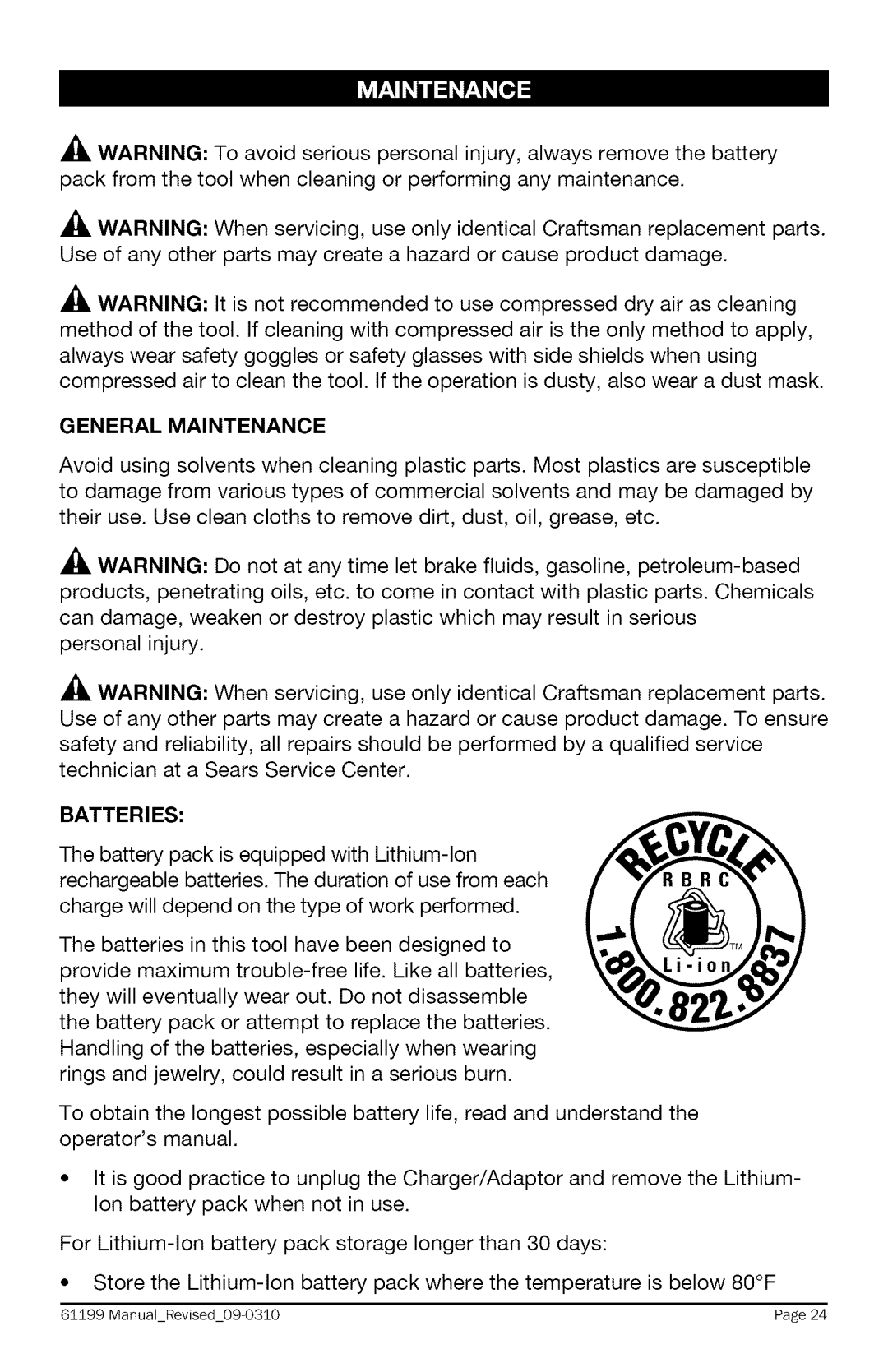 Craftsman 320.61199 warranty General Maintenance, Batteries 