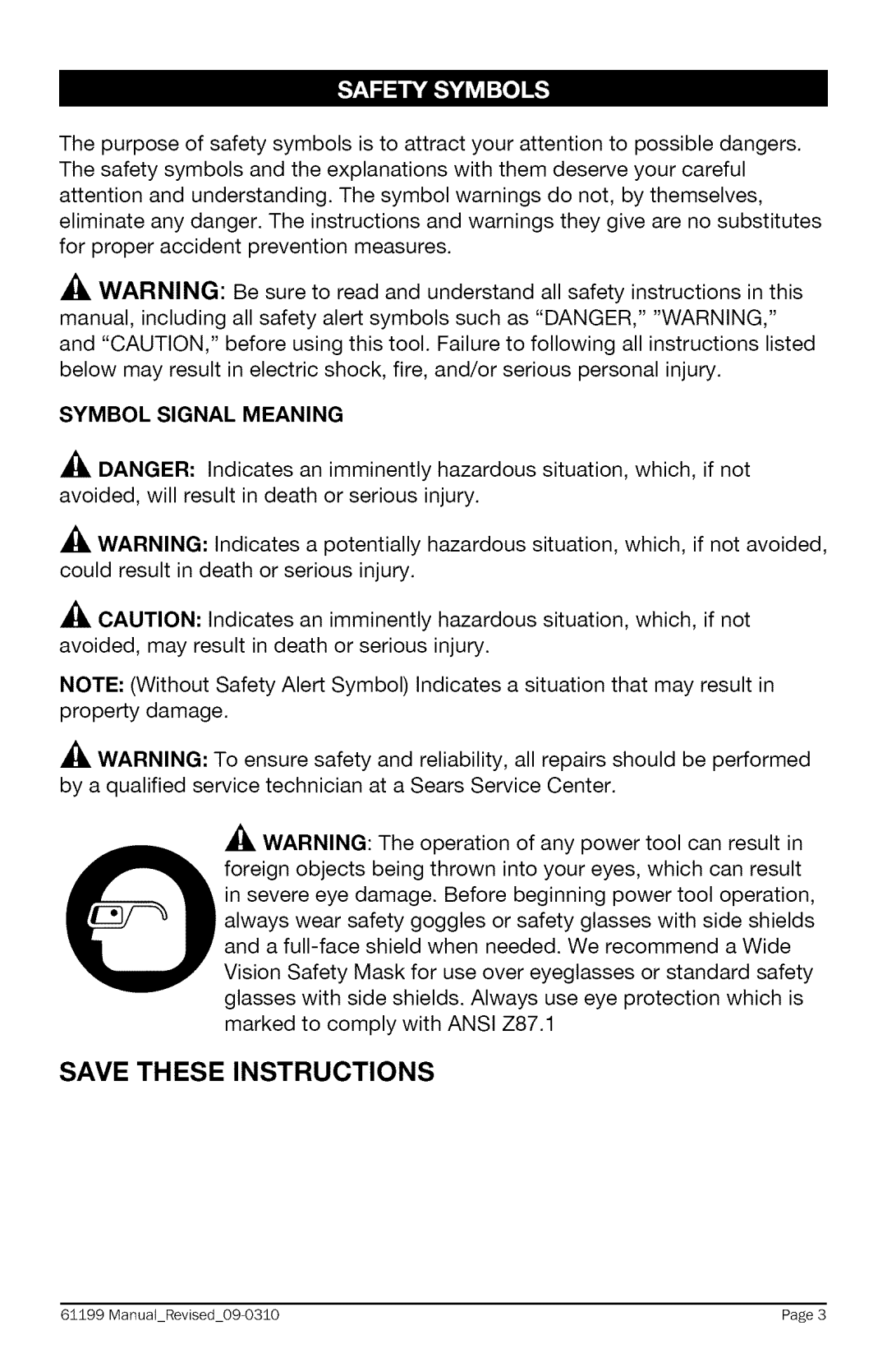 Craftsman 320.61199 warranty Symbol Signal Meaning 