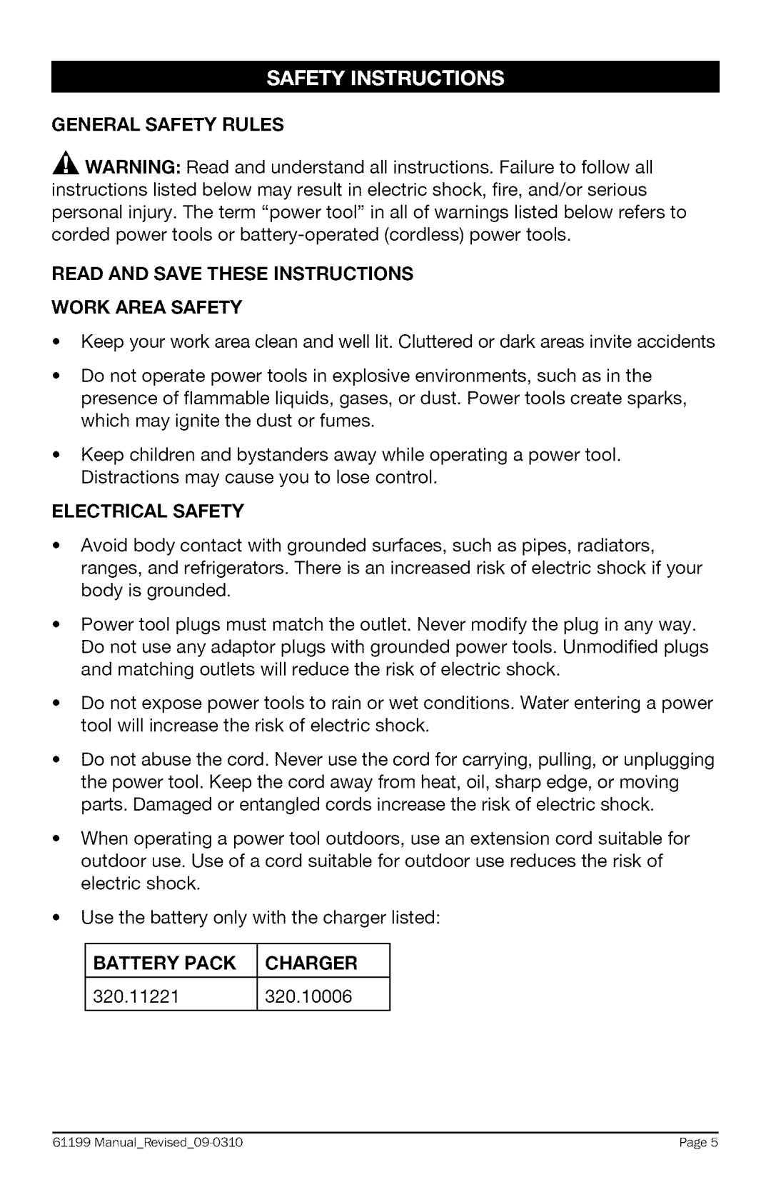 Craftsman 320.61199 warranty General Safety Rules, Read and Save These Instructions Work Area Safety, Electrical Safety 