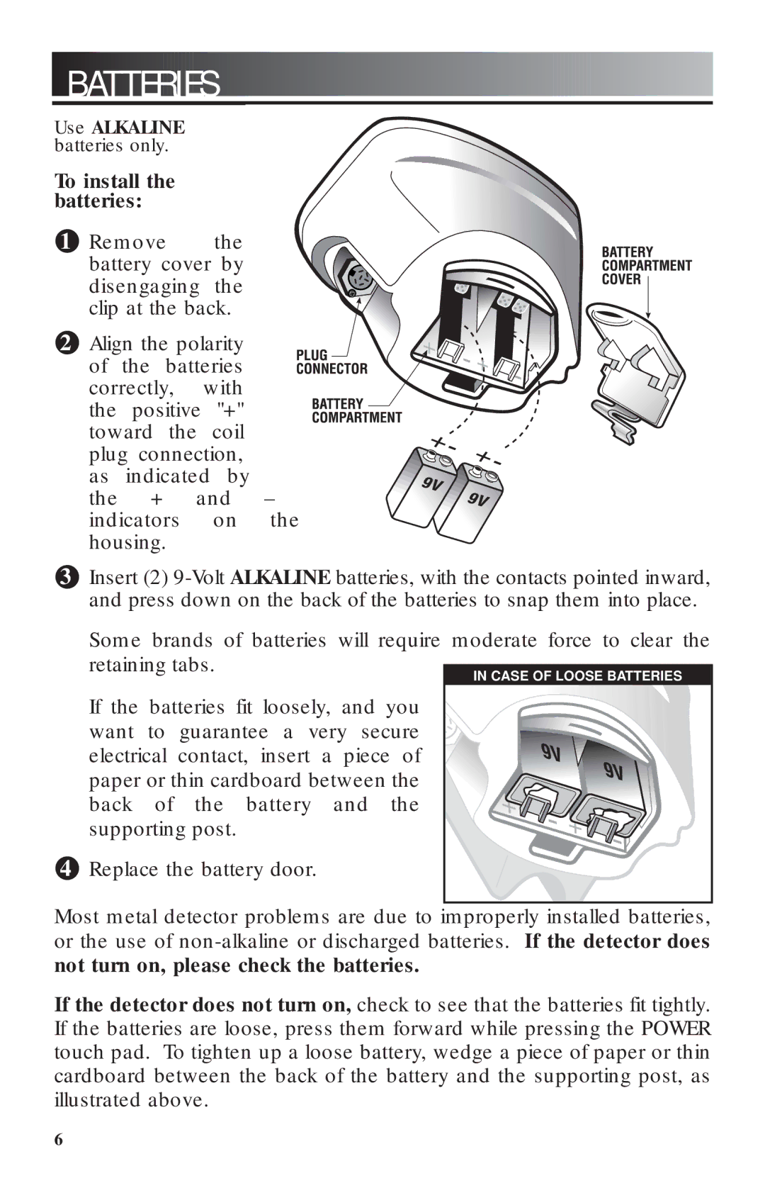 Craftsman 3300 manual Batteries, To install the batteries 