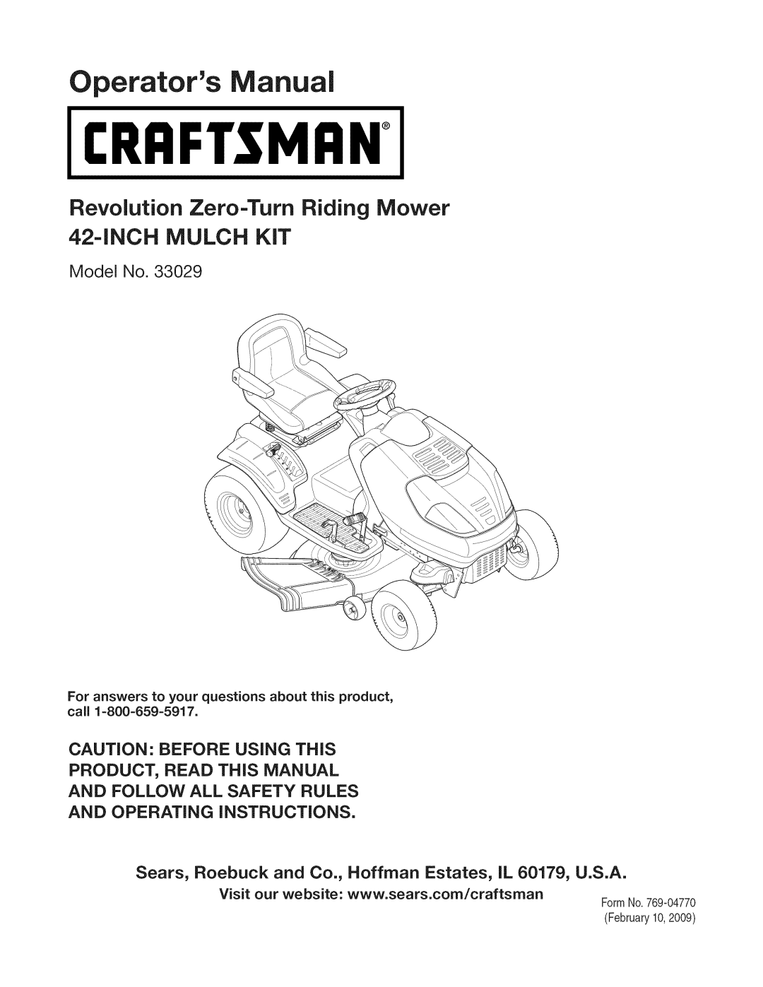 Craftsman 33029 manual Revolution Zero-TurnRiding Mower INCHMULCH KiT, FormNo.769-04770 February10,2009 