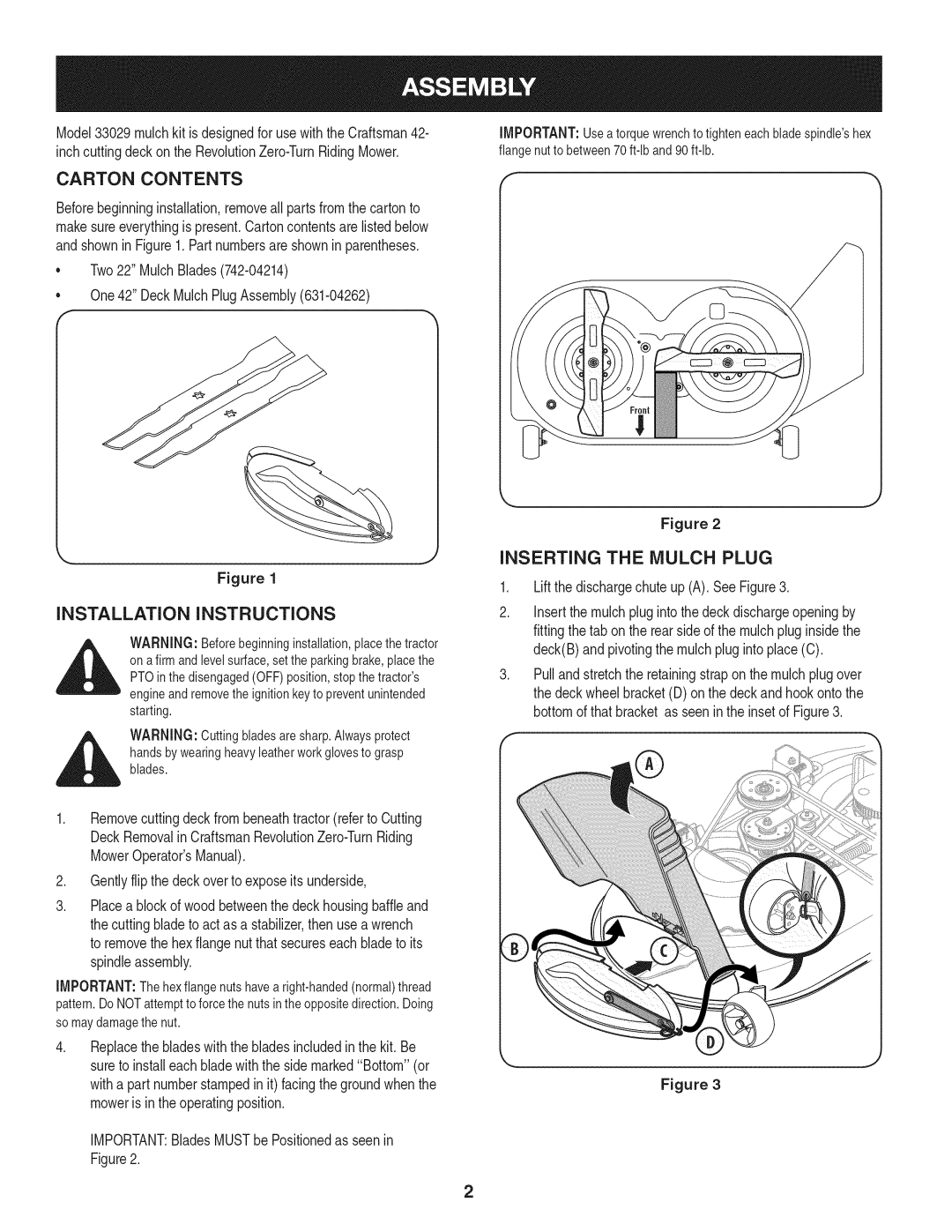 Craftsman 33029 manual Carton Contents, Installation Instructions, Inserting the Mulch Plug 