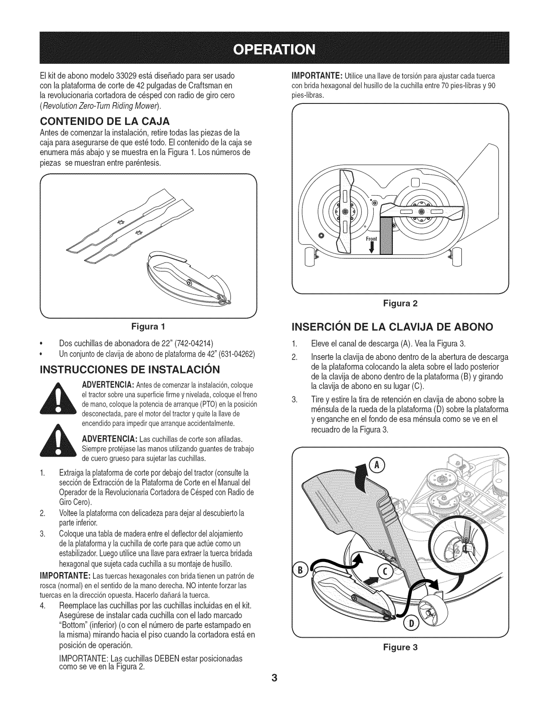 Craftsman 33029 manual Contenido DE LA Caja, Instrucciones DE Instalacion, Insercion DE LA Clavija DE Abono 