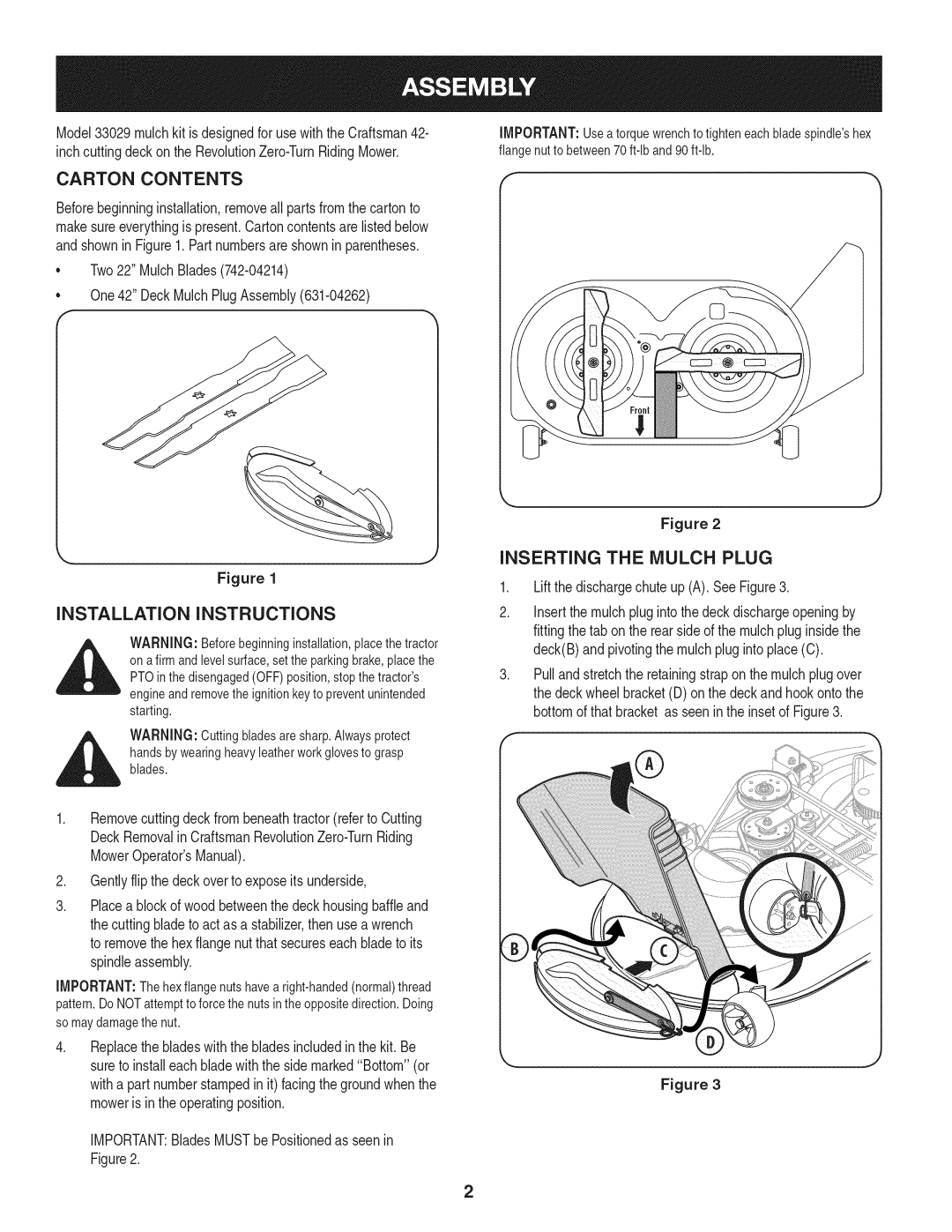 Craftsman 33029 manual Carton Contents, Installation Instructions, Inserting The Mulch Plug, Figure 