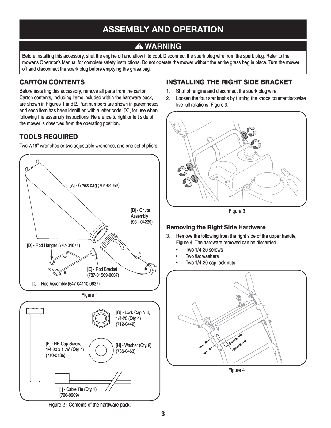 Craftsman 33731 manual Assembly And Operation, Carton CONTENTS, TOOLS required, Installing the RIGHT Side Bracket 