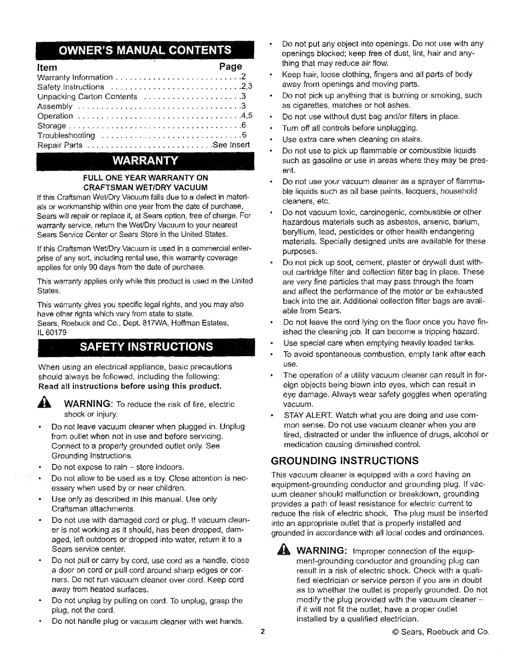 Craftsman 338.17923 owner manual Grounding Instructions, Craftsman WET/DRY Vacuum 