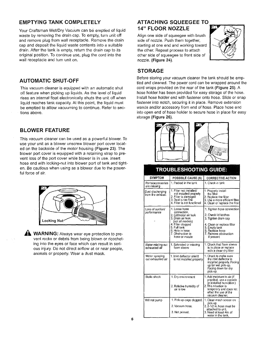 Craftsman 338.17923 owner manual Storage, Emptying Tank Completely, Attaching Squeegee to, Floor Nozzle, Blower Feature 