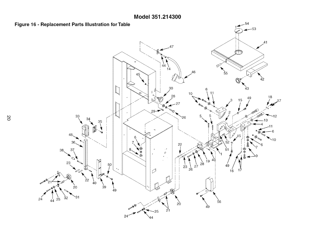 Craftsman 351.21 4300 operating instructions Model, Replacement Parts Illustration for Table 