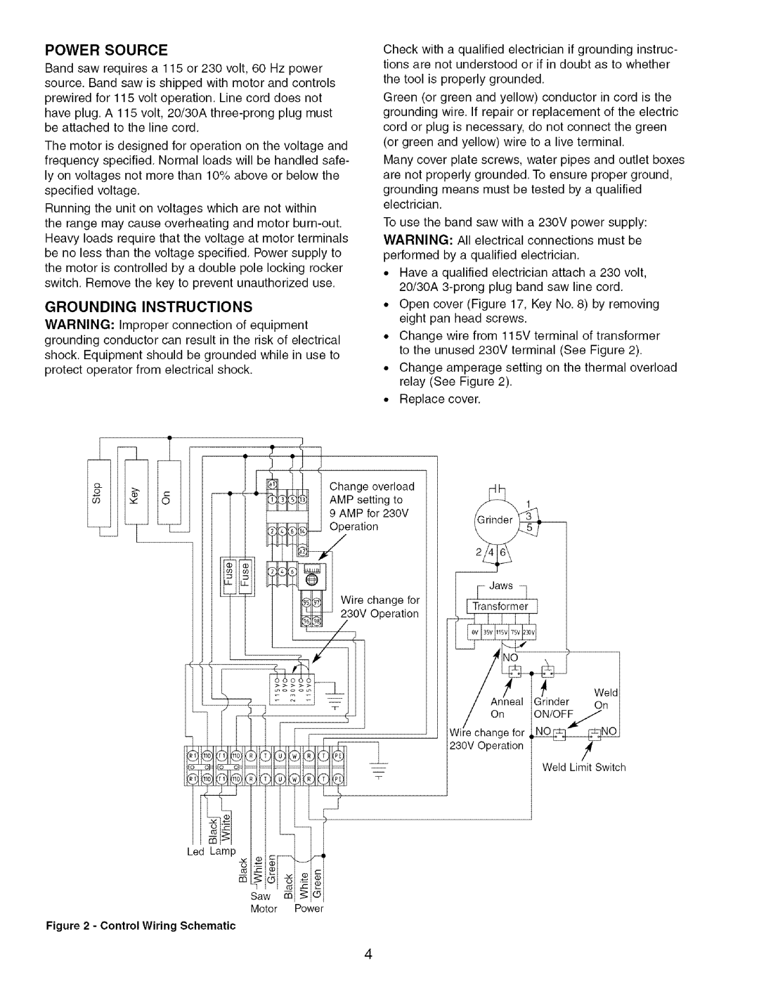 Craftsman 351.21 4300 operating instructions Power Source, Grounding Instructions 