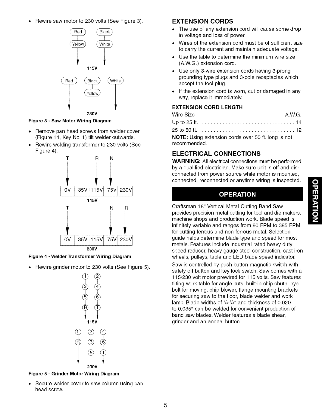 Craftsman 351.21 4300 operating instructions Extension Cords, Electrical Connections 