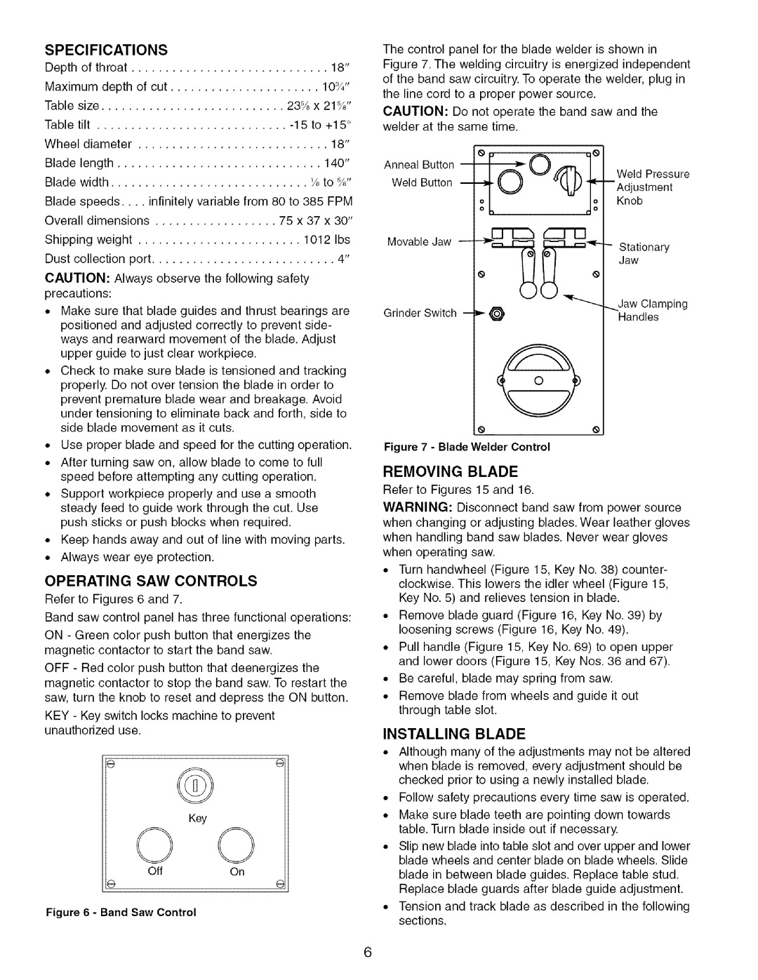 Craftsman 351.21 4300 operating instructions Specifications, Operating SAW Controls, Removing Blade 