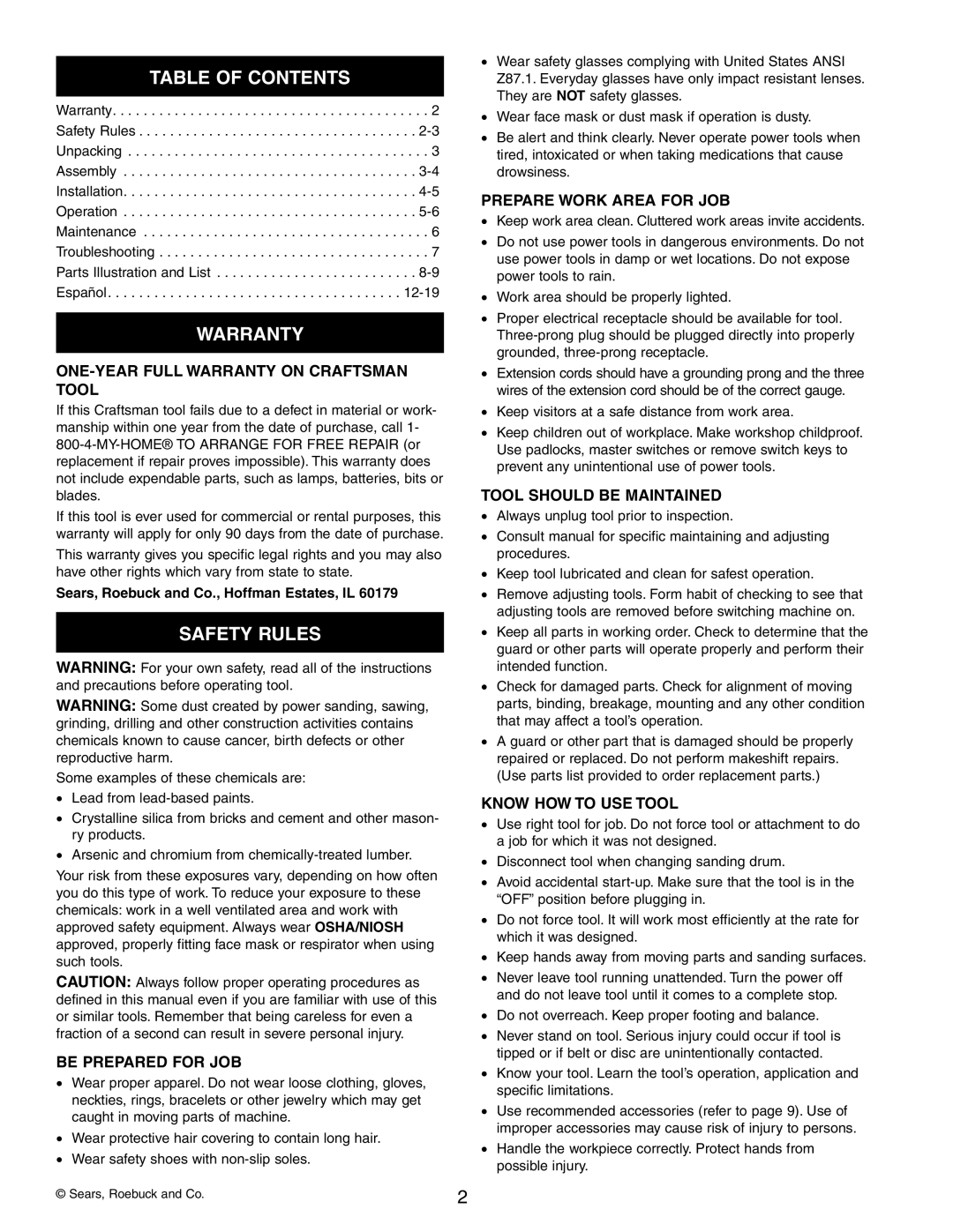 Craftsman 351.215 operating instructions Table of Contents, Warranty, Safety Rules 