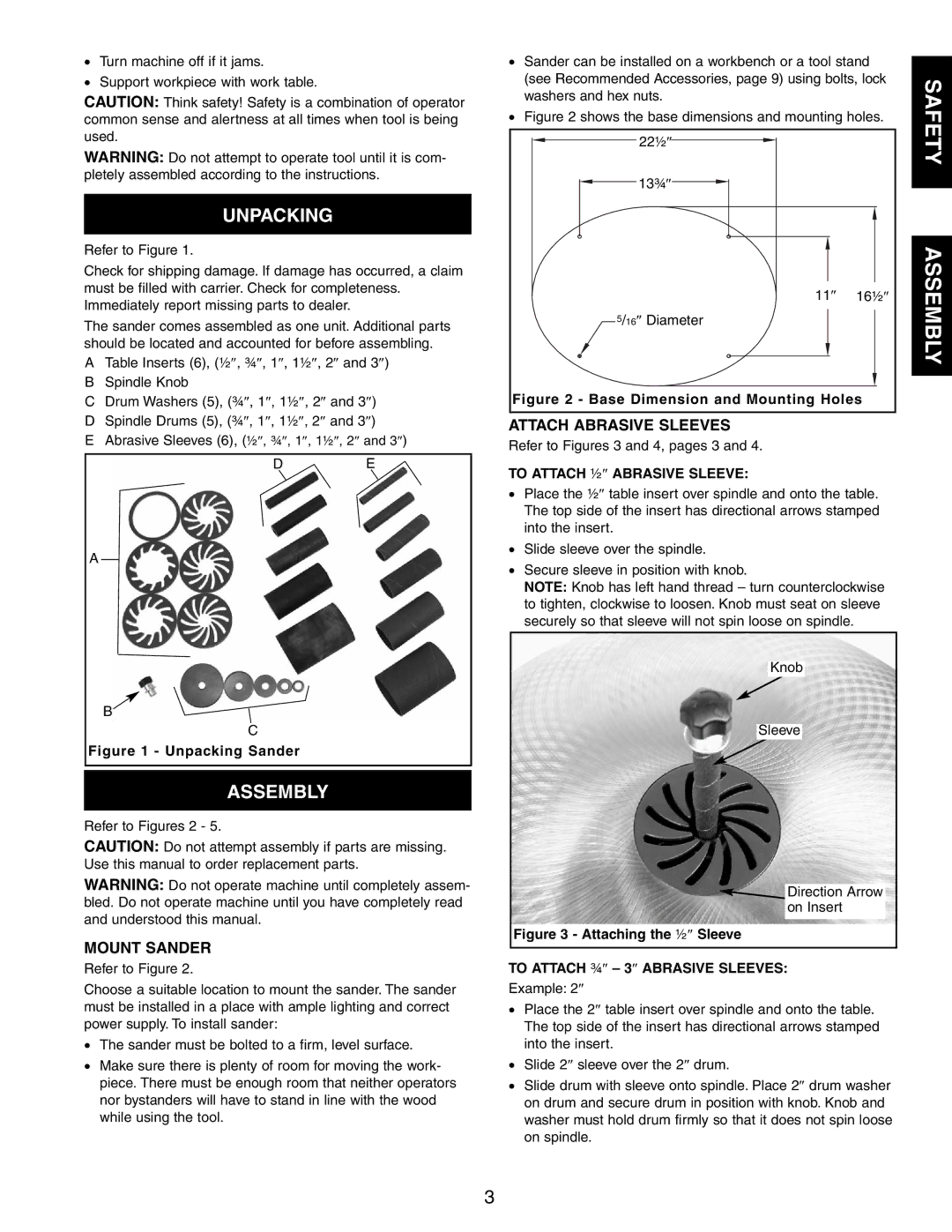 Craftsman 351.215 operating instructions Unpacking, Assembly, Mount Sander, Attach Abrasive Sleeves 