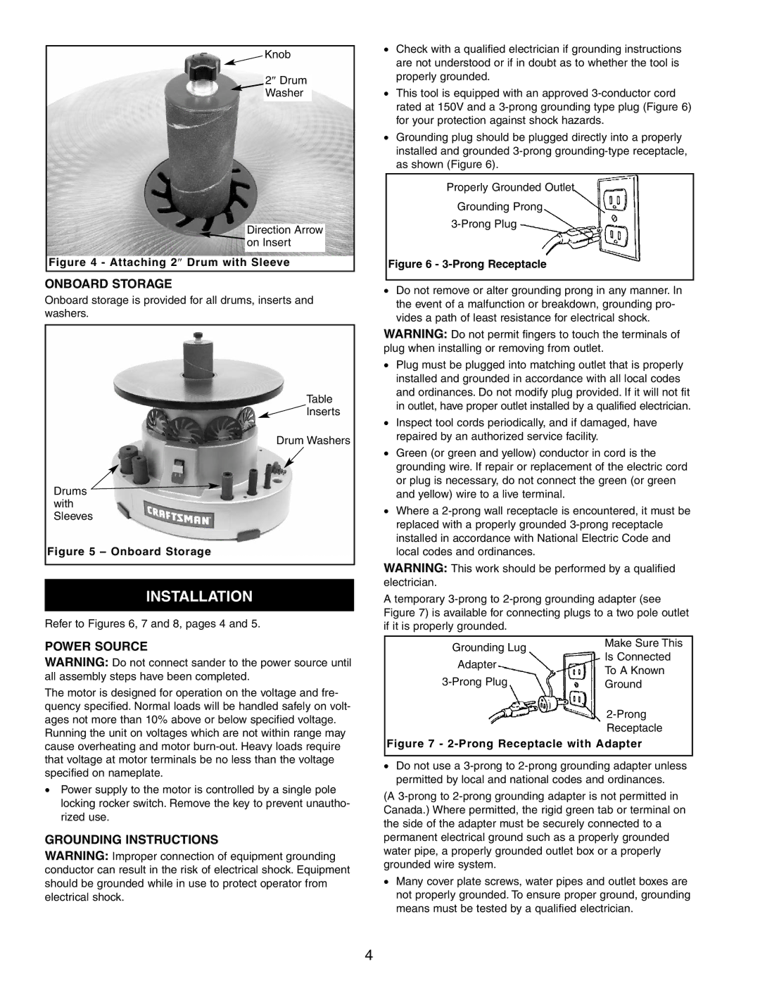 Craftsman 351.215 operating instructions Installation, Onboard Storage, Power Source, Grounding Instructions 