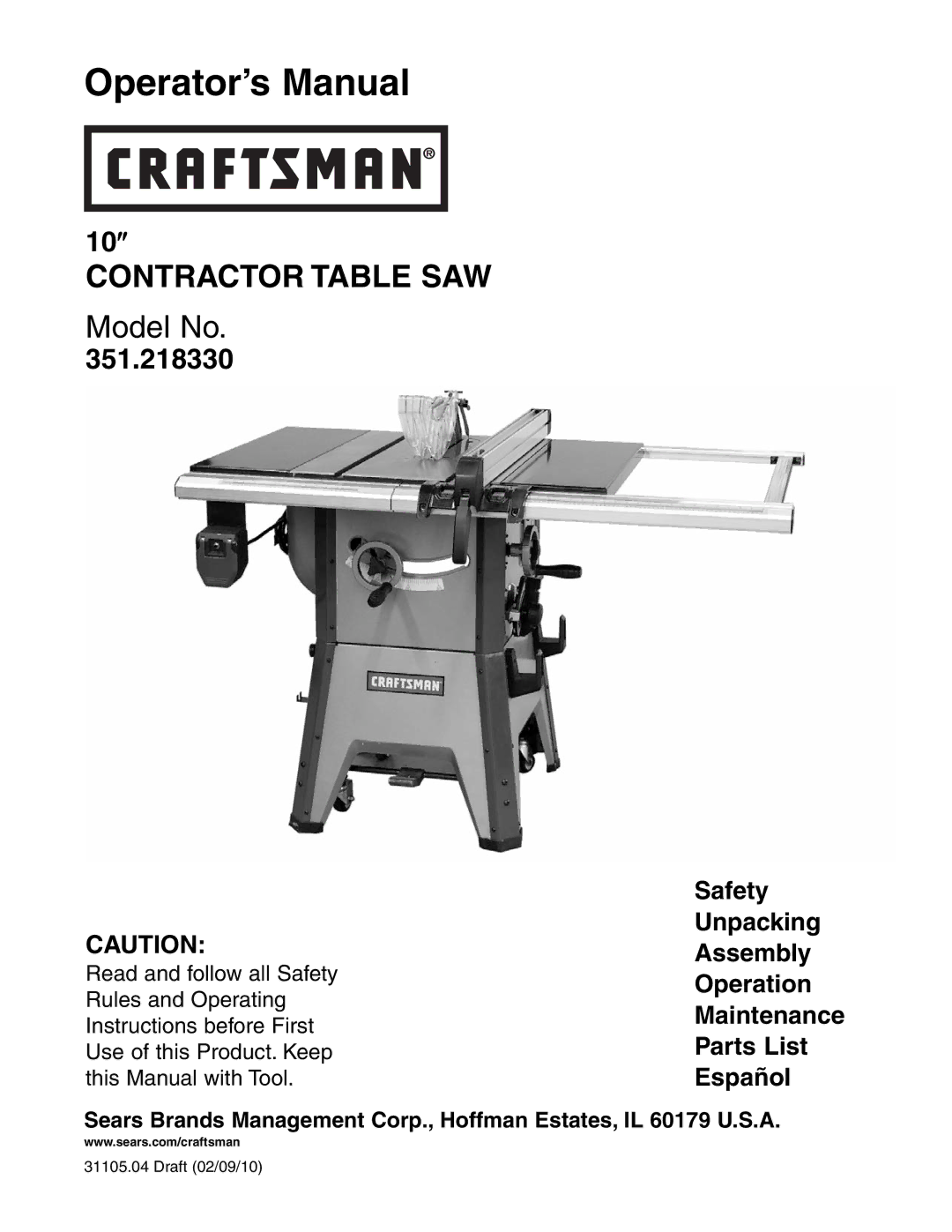 Craftsman 351.21833 operating instructions Operator’s Manual 