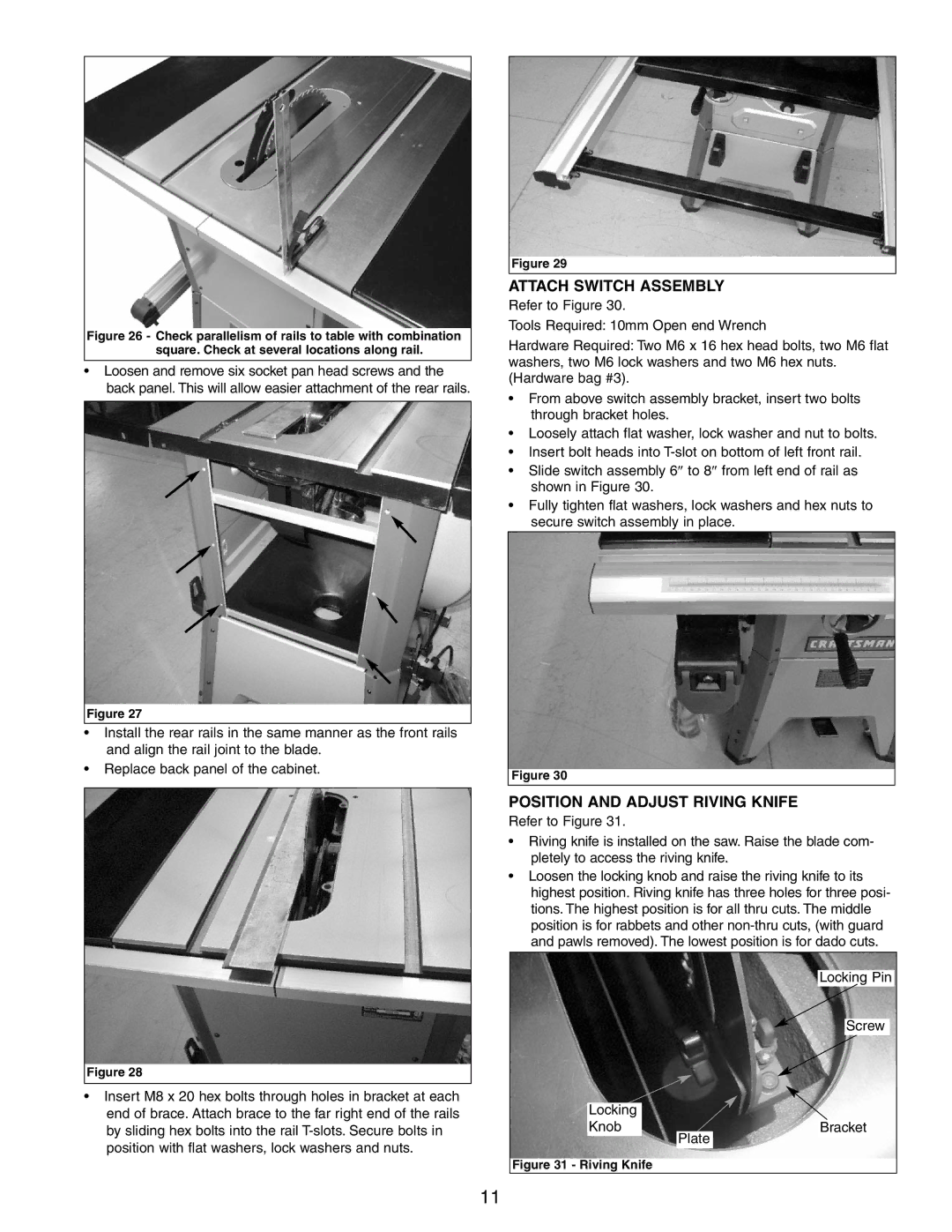 Craftsman 351.21833 operating instructions Attach Switch Assembly, Position and Adjust Riving Knife 