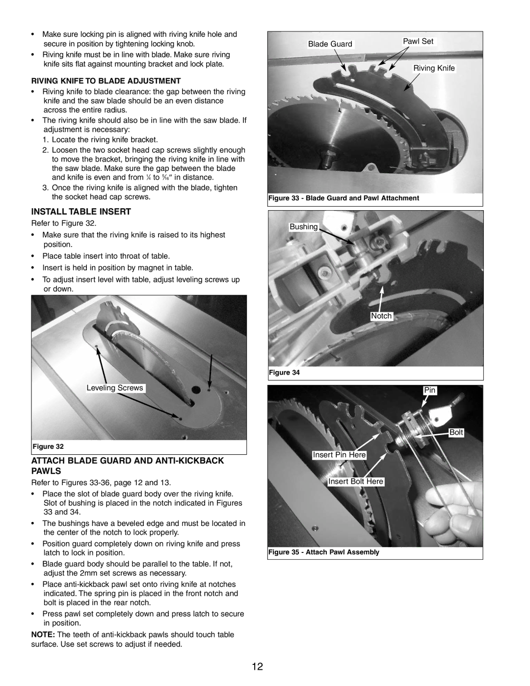 Craftsman 351.21833 Install Table Insert, Attach Blade Guard and ANTI-KICKBACK Pawls, Riving Knife to Blade Adjustment 