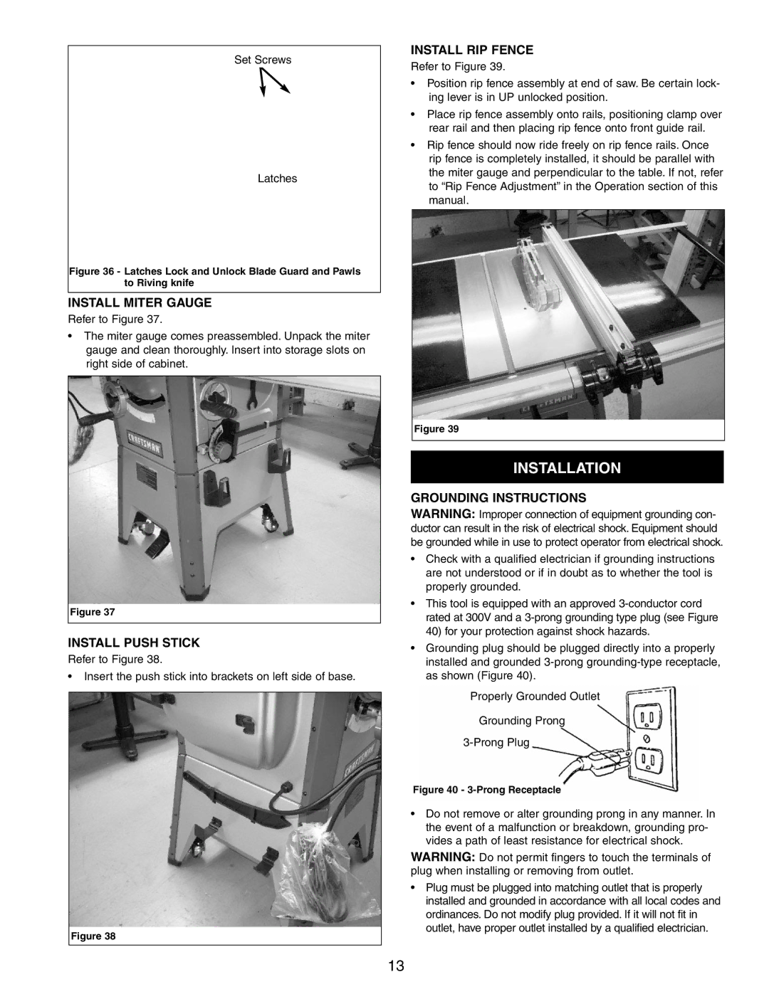 Craftsman 351.21833 Installation, Install Miter Gauge, Install Push Stick, Install RIP Fence, Grounding Instructions 