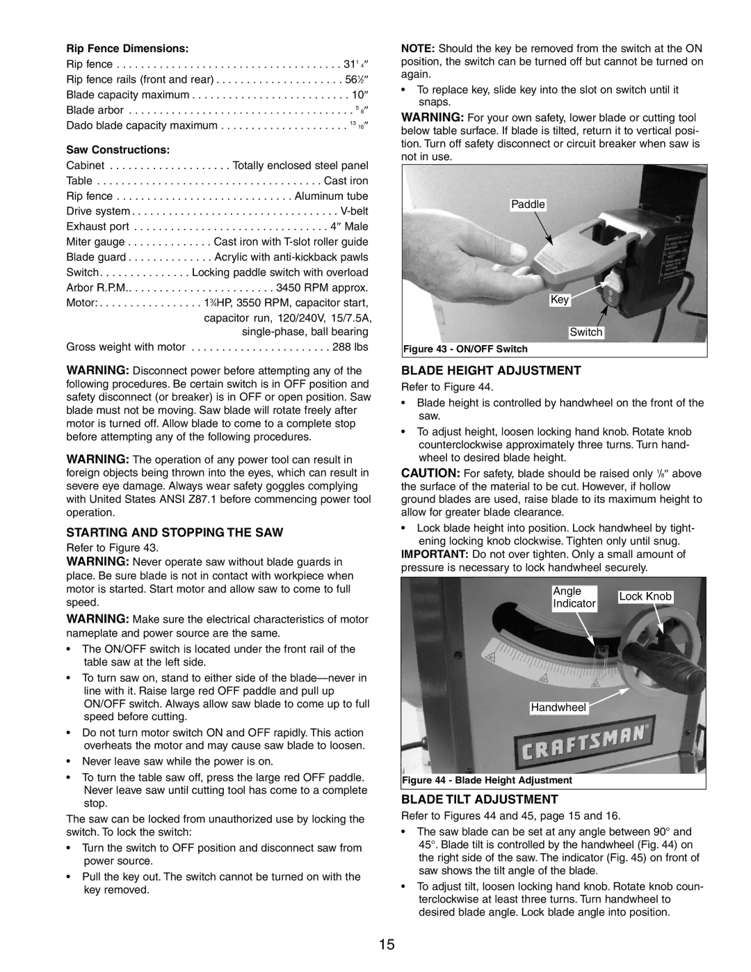 Craftsman 351.21833 operating instructions Starting and Stopping the SAW, Blade Height Adjustment, Blade Tilt Adjustment 