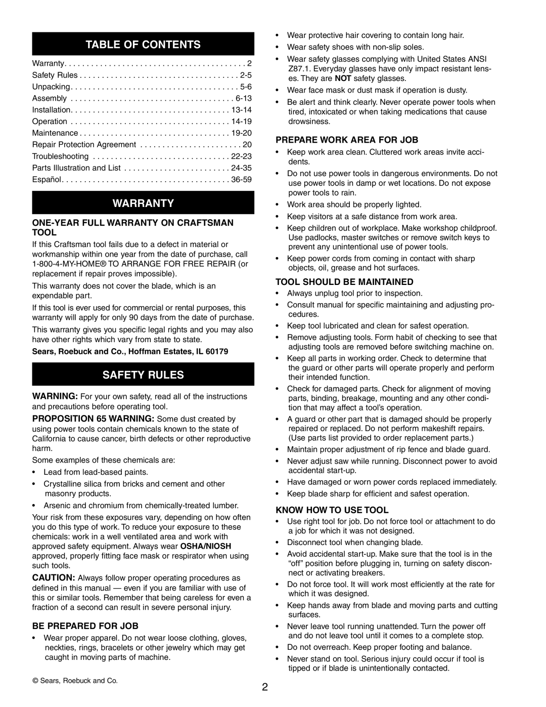 Craftsman 351.21833 operating instructions Table of Contents, Warranty, Safety Rules 