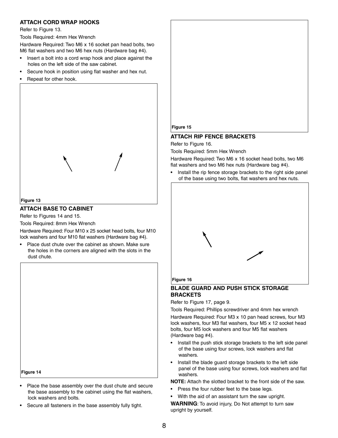 Craftsman 351.21833 operating instructions Attach Cord Wrap Hooks, Attach Base to Cabinet, Attach RIP Fence Brackets 