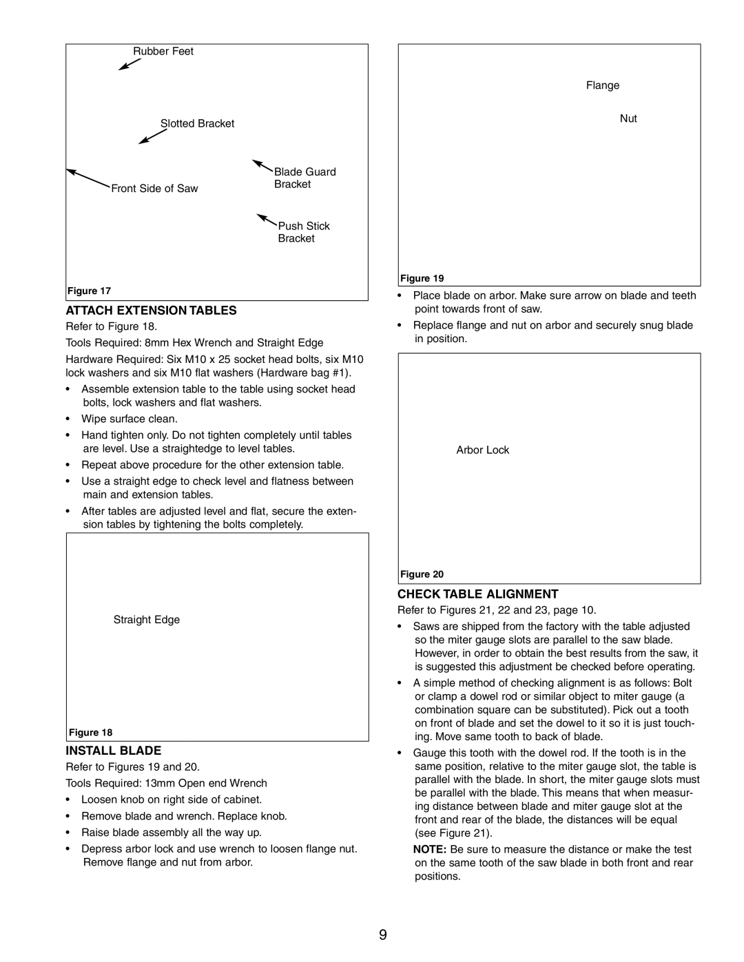 Craftsman 351.21833 operating instructions Attach Extension Tables, Install Blade, Check Table Alignment 