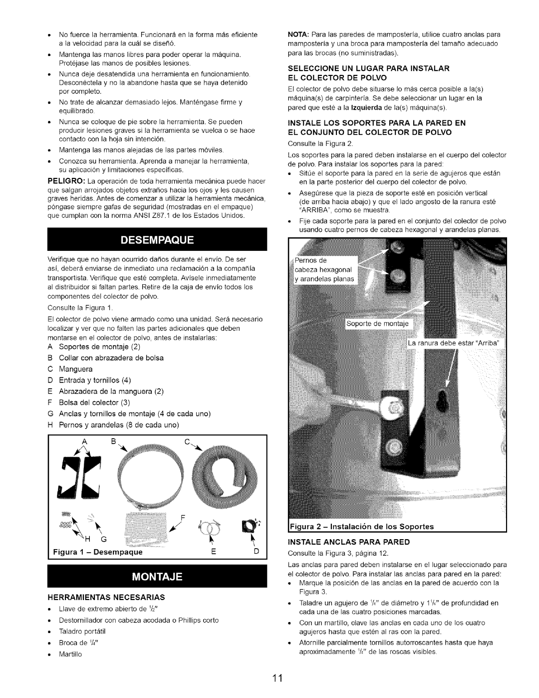 Craftsman 351.223140 operating instructions Herramientas Necesarias, Seleccione UN Lugar Para Instalar EL Colector DE Polvo 