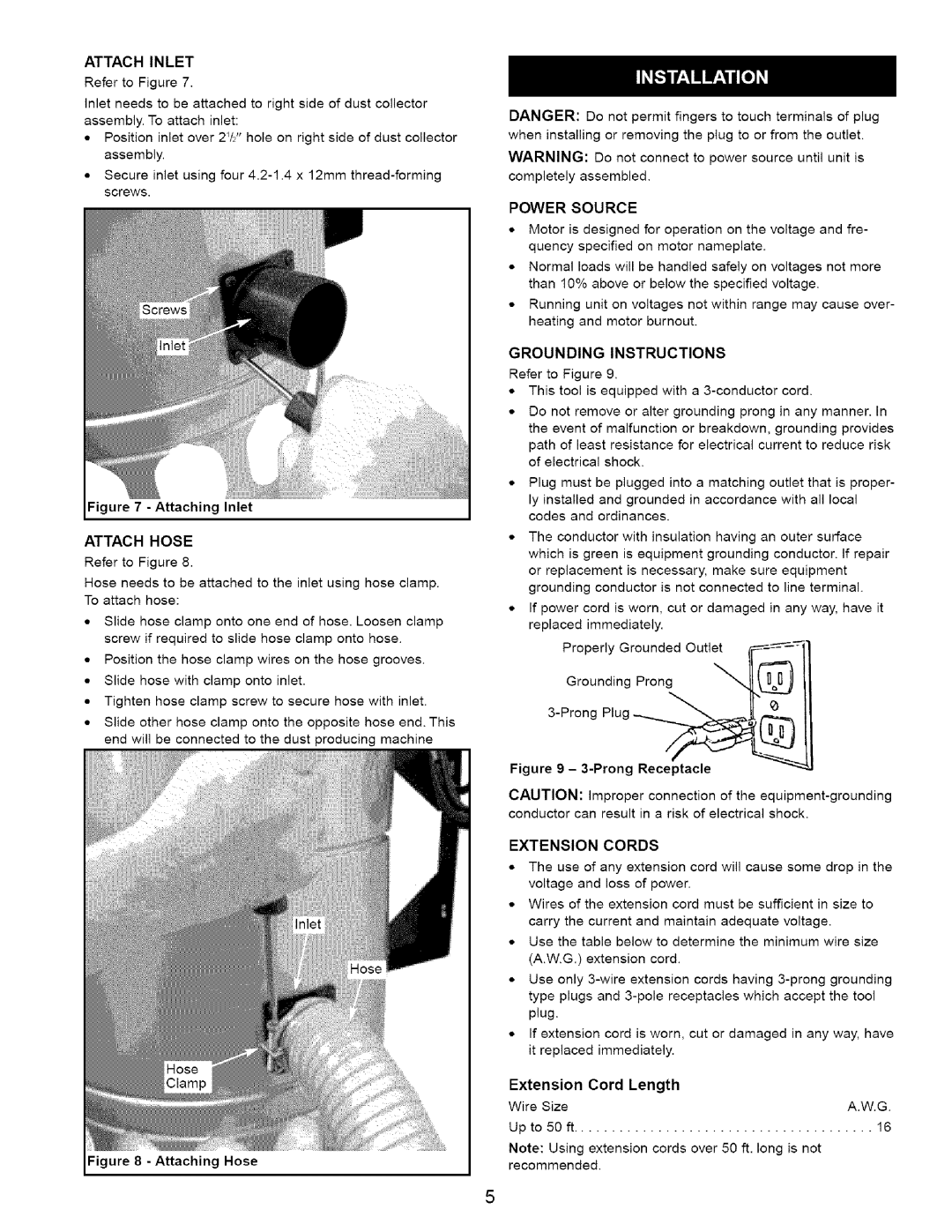 Craftsman 351.223140 Attach Inlet, Attach Hose, Power Source, Grounding Instructions, Extension Cords 