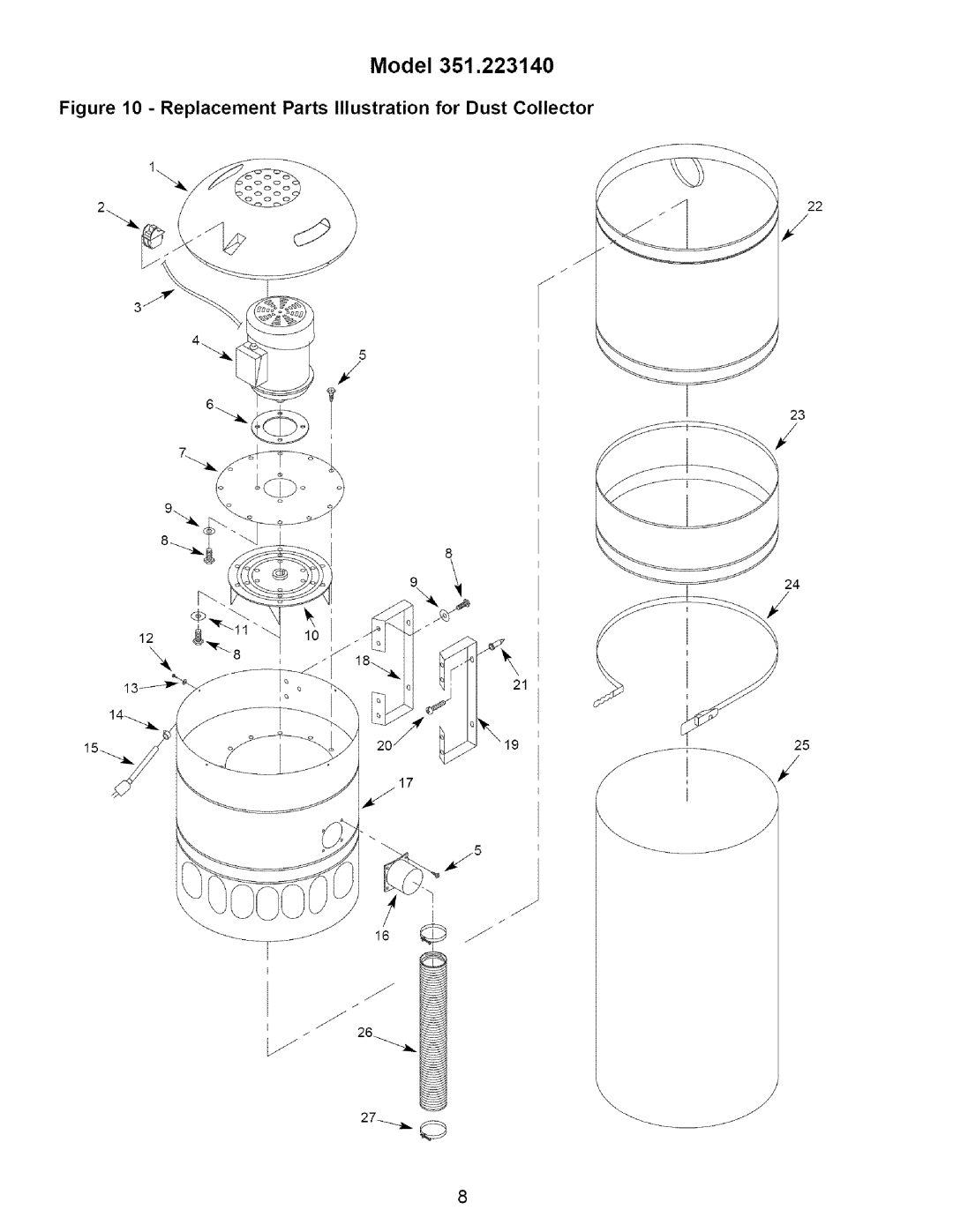 Craftsman 351.223140 operating instructions Replacement Parts Illustration for Dust Collector 