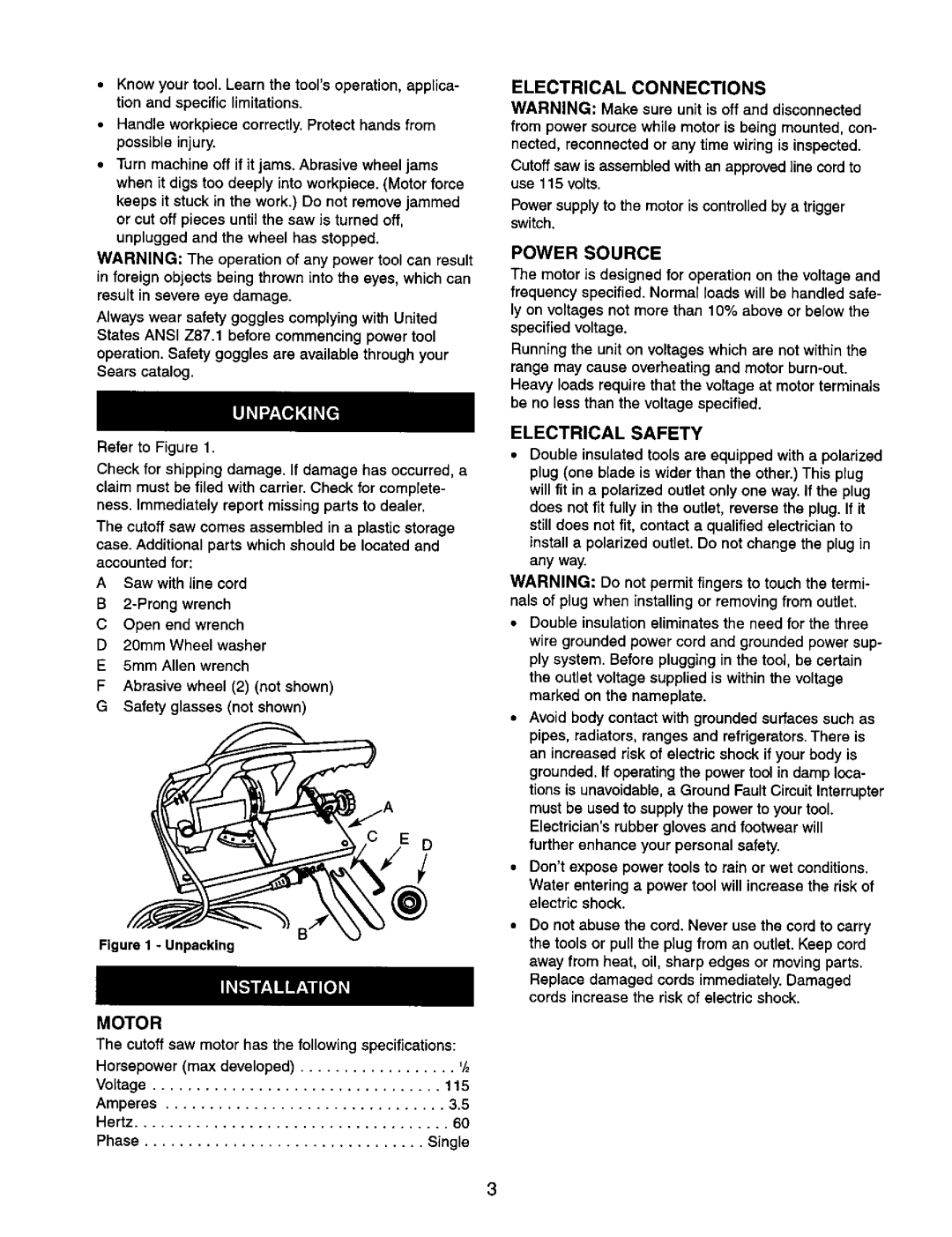 Craftsman 351.268500 operating instructions Electrical Connections, Motor, Power Source, Electrical Safety 