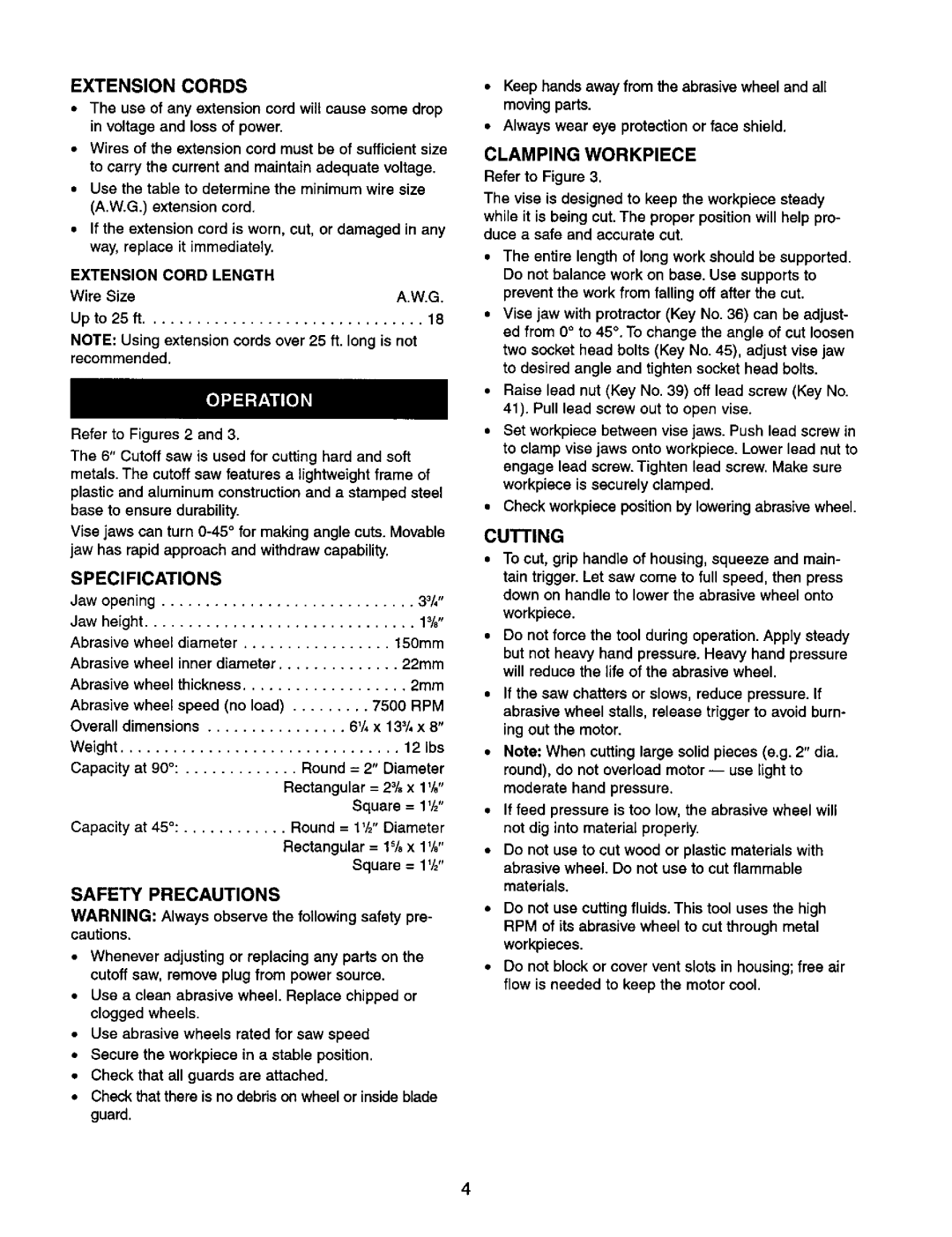 Craftsman 351.268500 operating instructions Clamping Workpiece, Extension Cords, Safety Precautions 