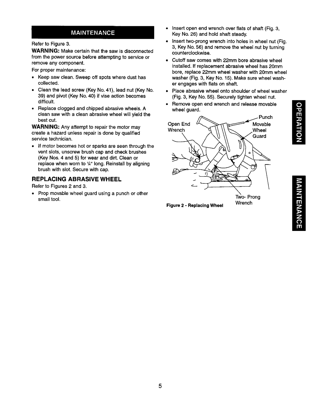 Craftsman 351.268500 operating instructions Replacing Abrasive Wheel, Replacing Wheel 