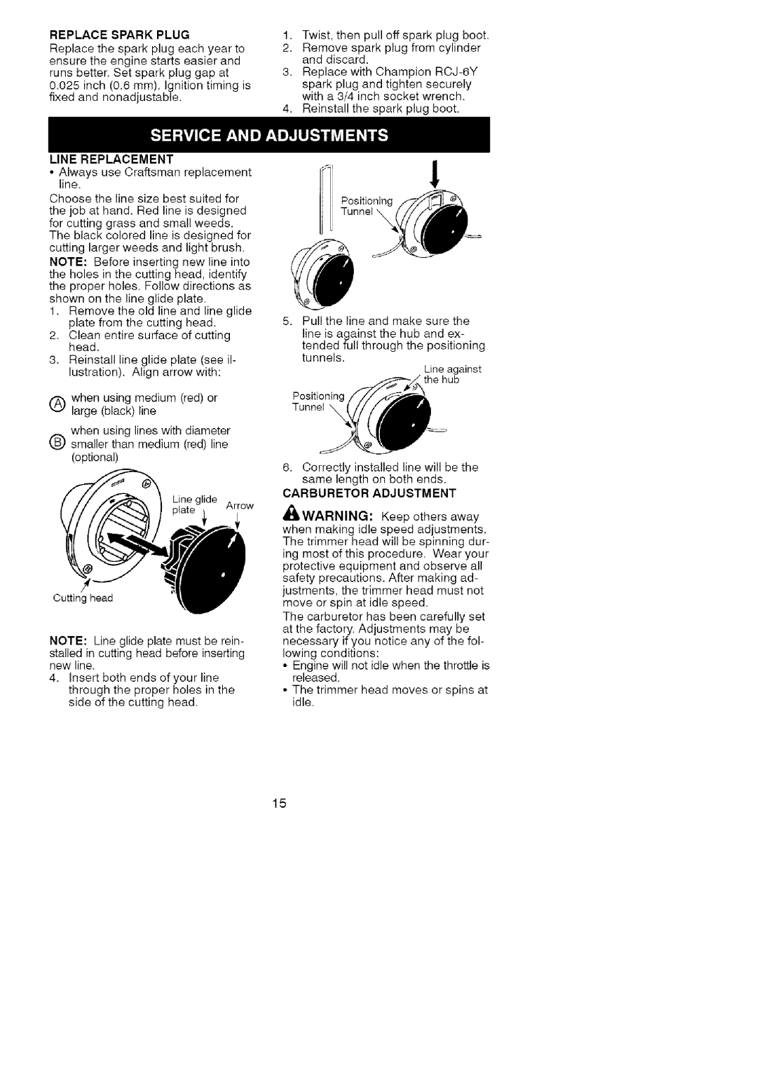 Craftsman 358-79104 operating instructions Replace Spark Plug, Line Replacement, Carburetor Adjustment 
